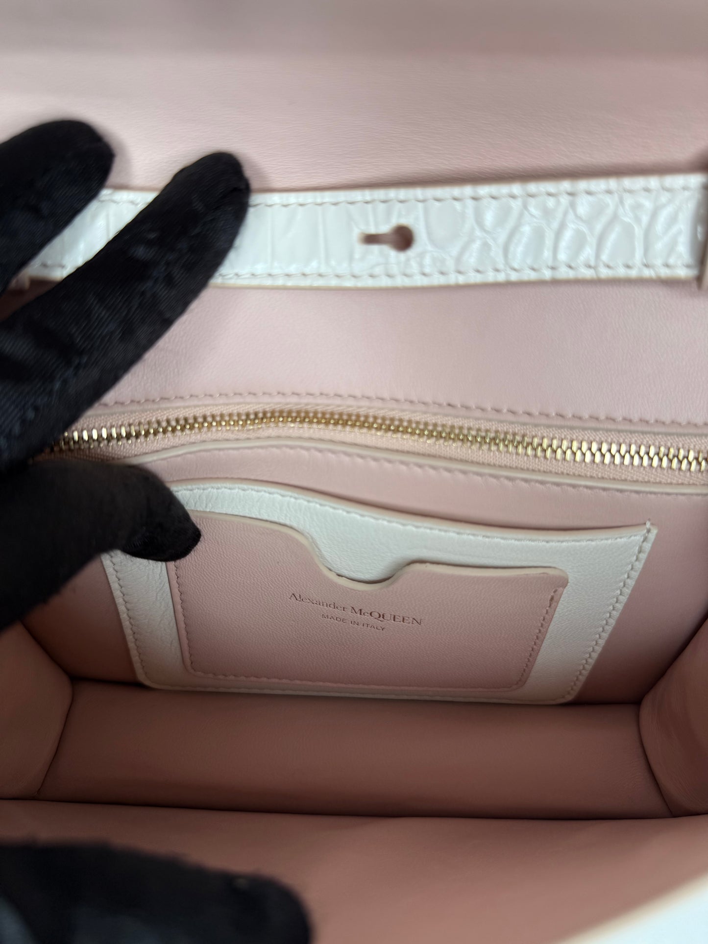 Alexander McQueen Croc Embossed Four Ring Crossbody Bag in Soft Ivory