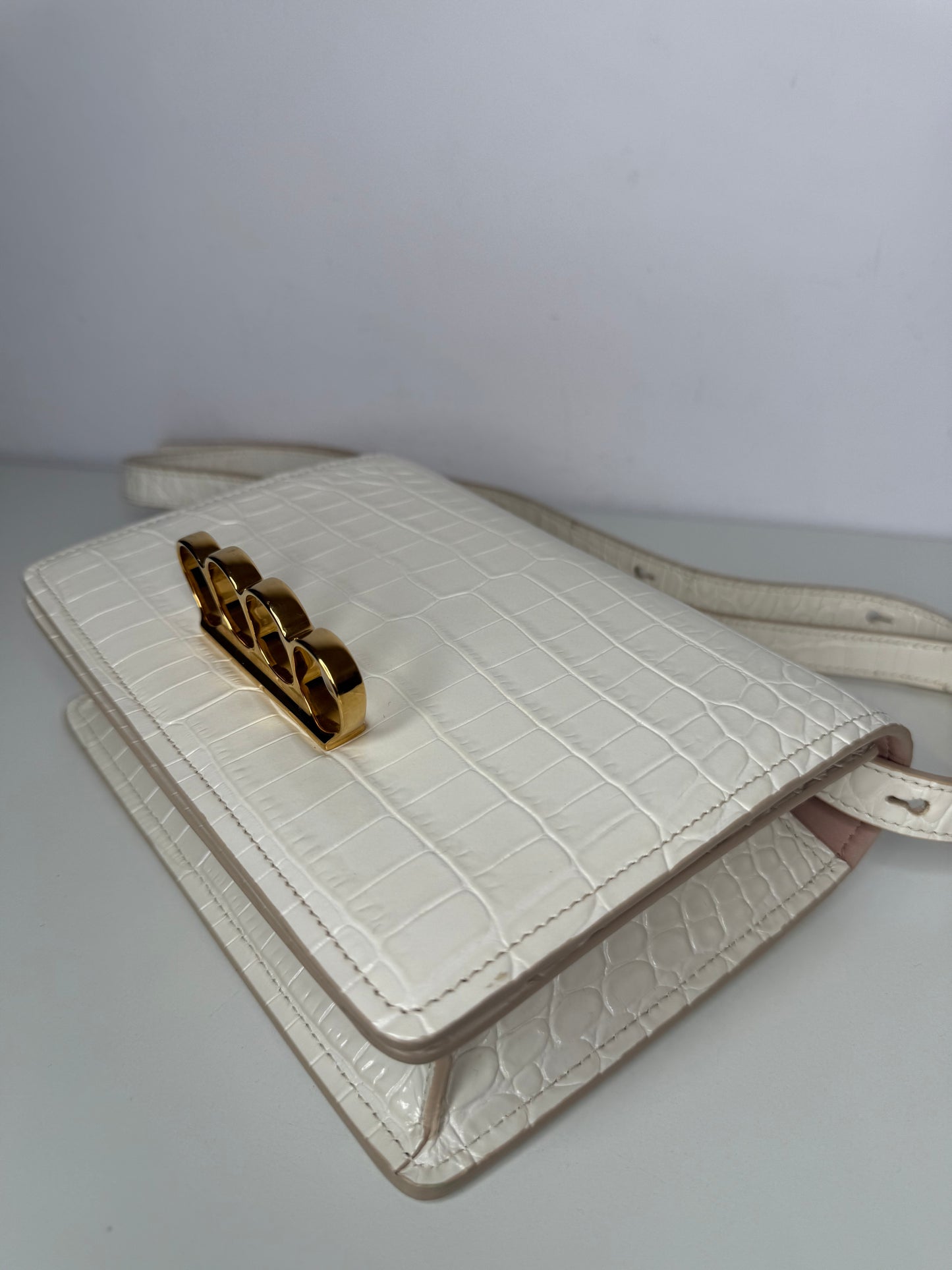 Alexander McQueen Croc Embossed Four Ring Crossbody Bag in Soft Ivory