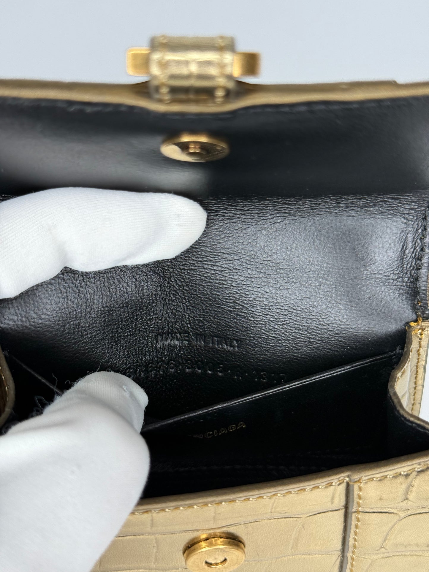 Balenciaga Gold Croc Embossed Hourglass Nano Top Handle Bag