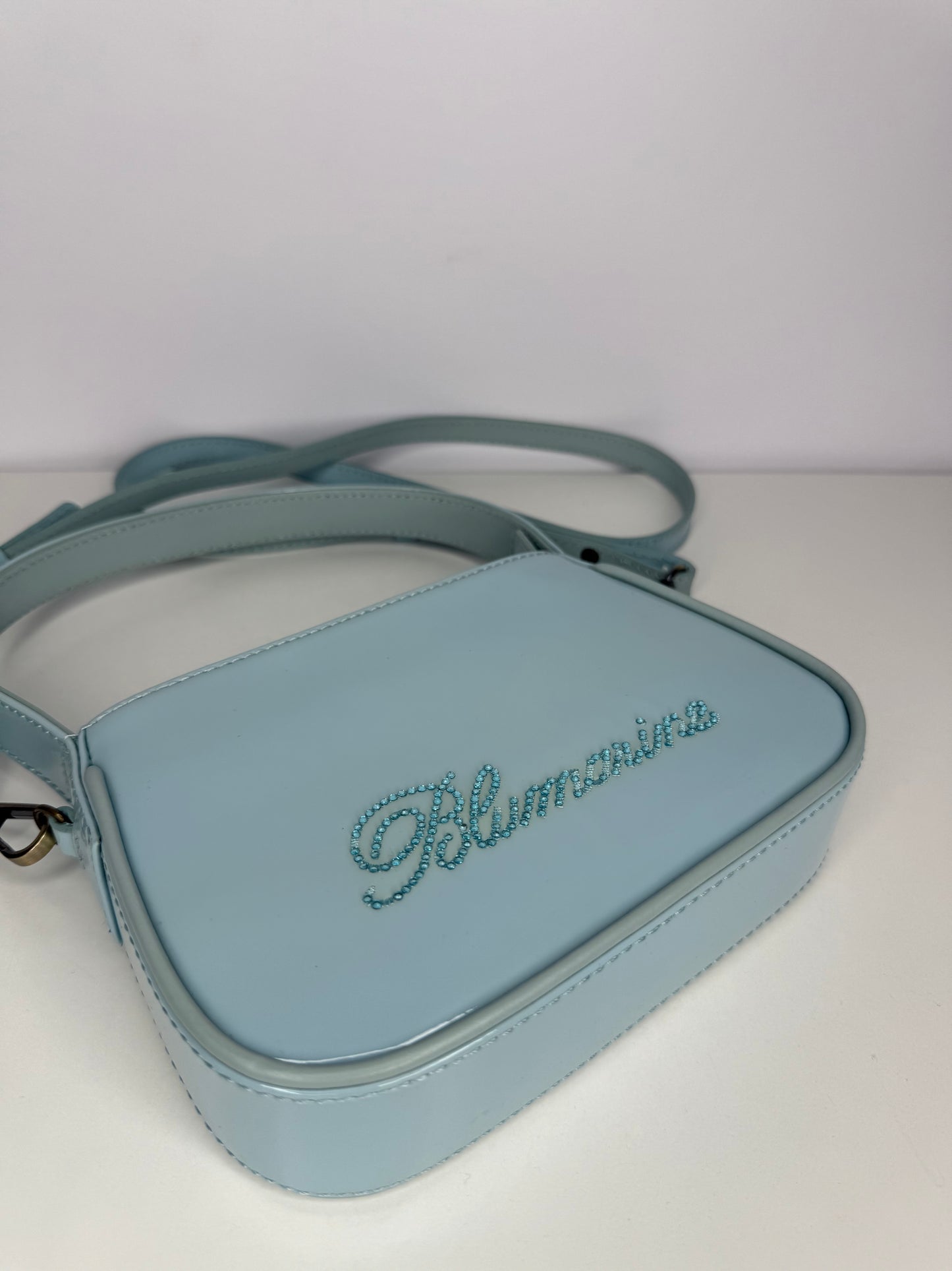 Blumarine Light Blue Patent Leather Crystal‑Logo Shoulder Bag