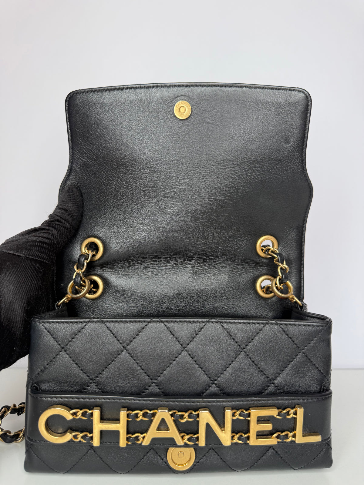 Chanel Logo Enchained Black Quilted Calfskin Flap Bag