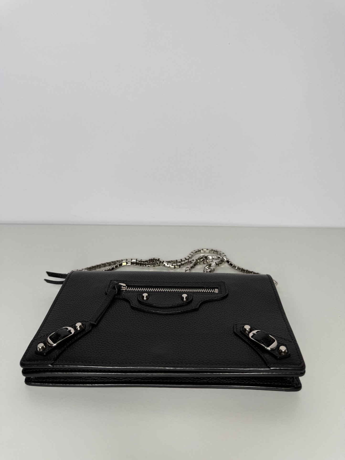 Balenciaga Grained Black Calfskin Silver Hardware Wallet on Chain