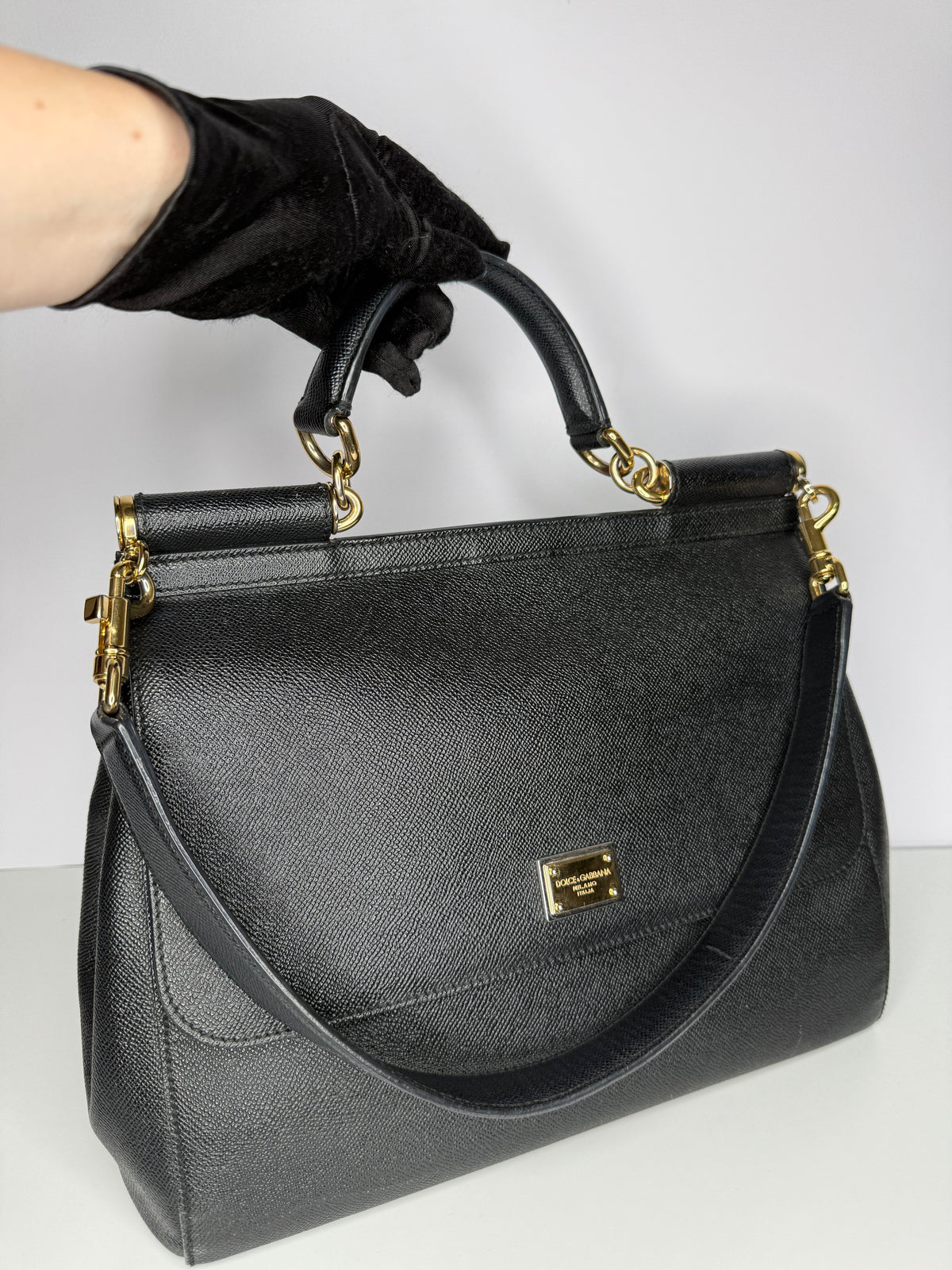 Dolce Gabbana Large Miss Sicily Black Dauphine Leather Top Handle Bag