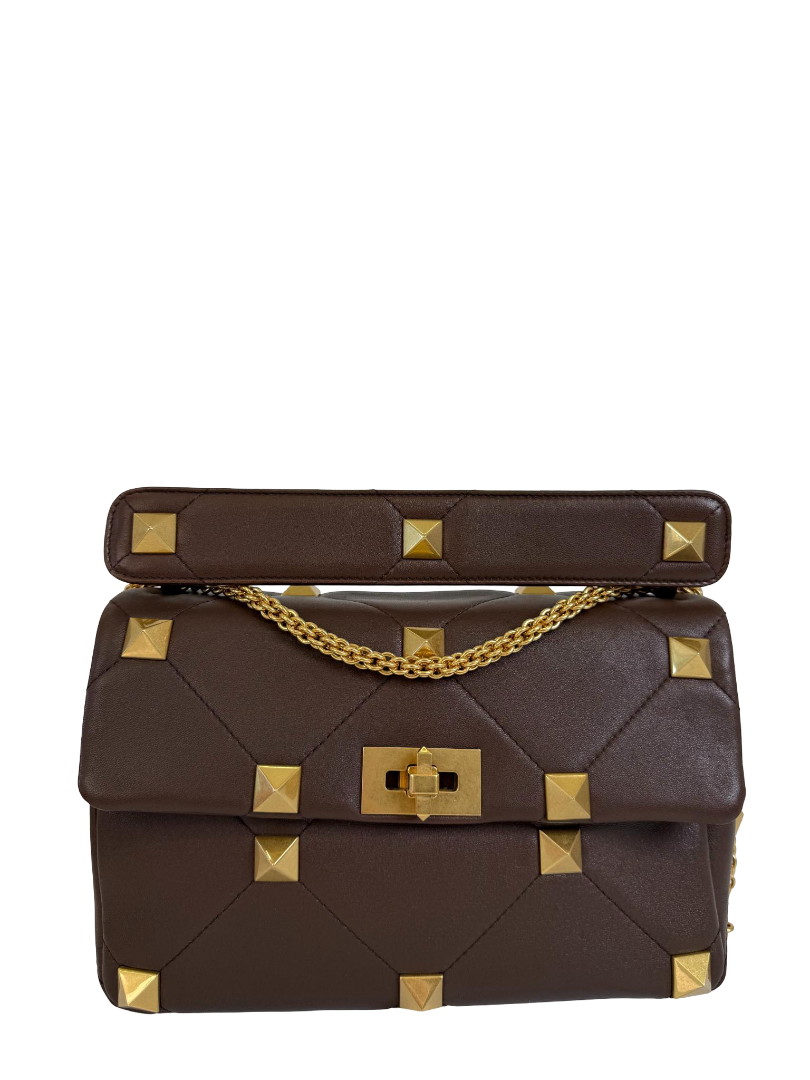 Valentino Garavani Medium Roman Stud Brown Quilted Nappa Leather