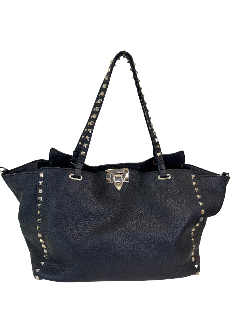 Valentino Garavani Pebbled Calfskin Medium Rockstud Tote Bag Black