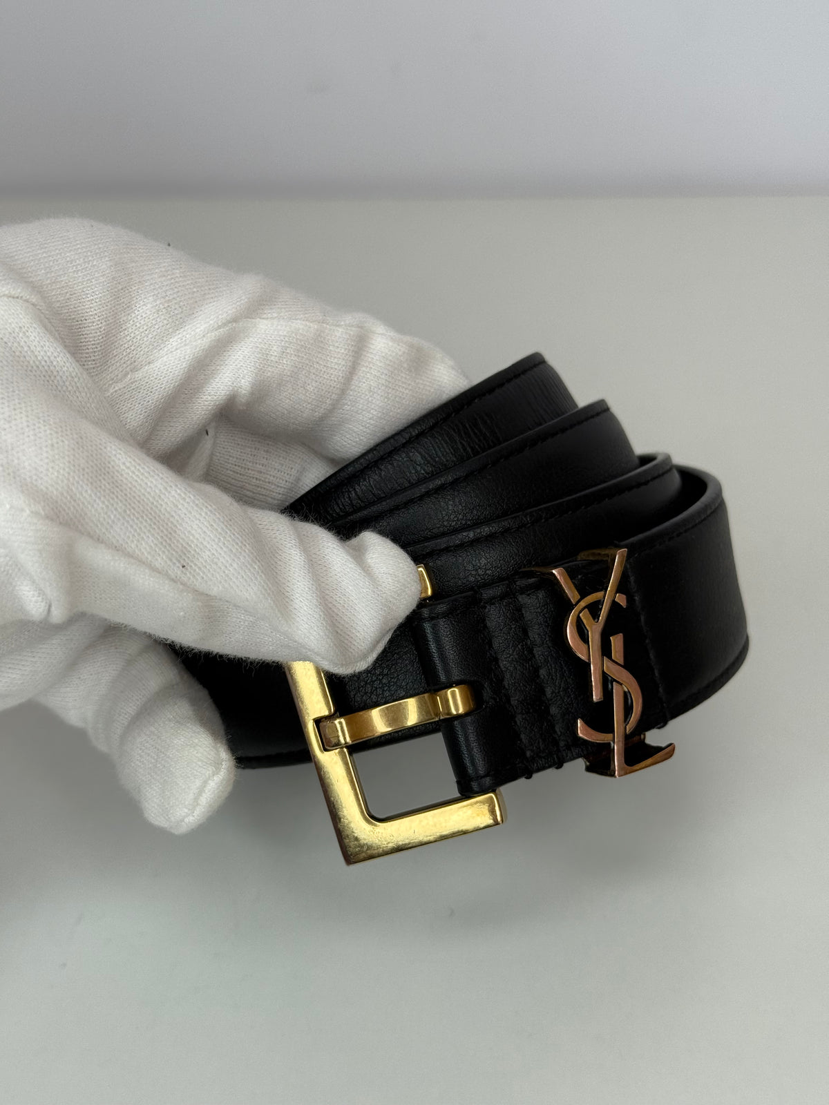 Saint Laurent Cassandre Monogram Square Buckle Belt Black