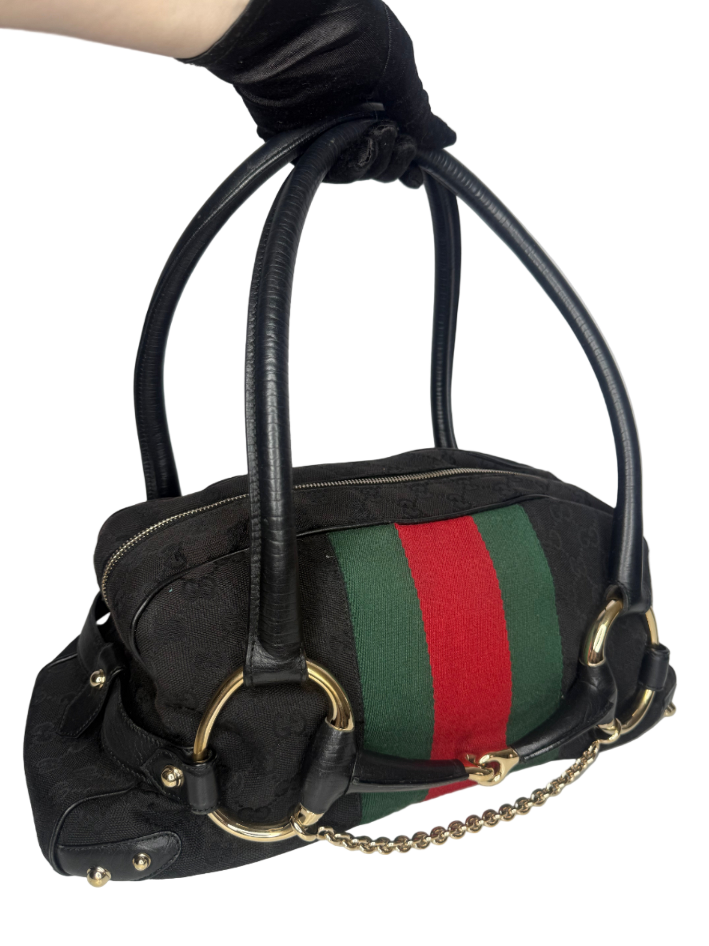 Gucci Black GG Canvas and Leather Web Horsebit Satchel