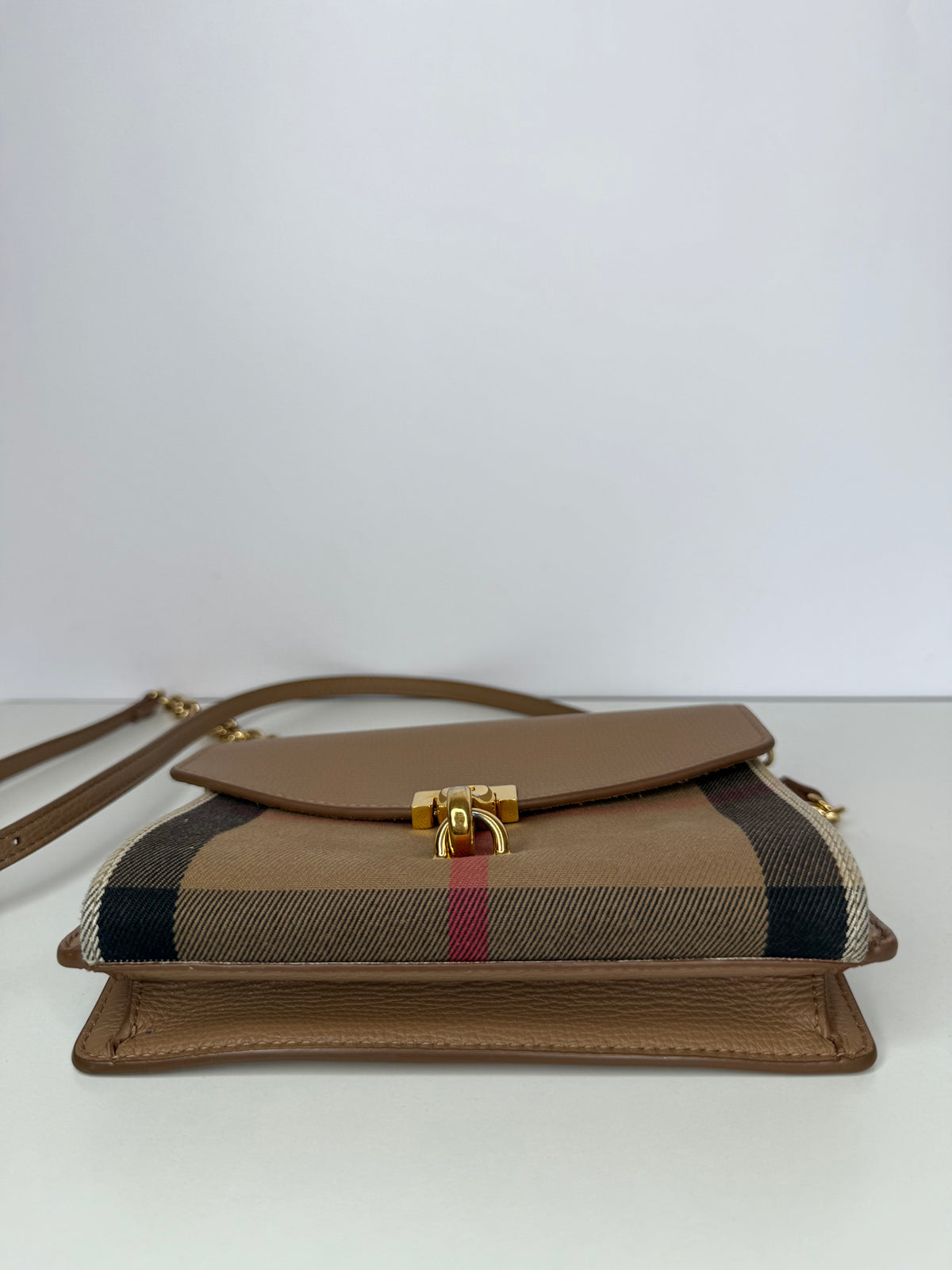 Burberry Derby Calfskin House Check Small Macken Crossbody Bag Camel