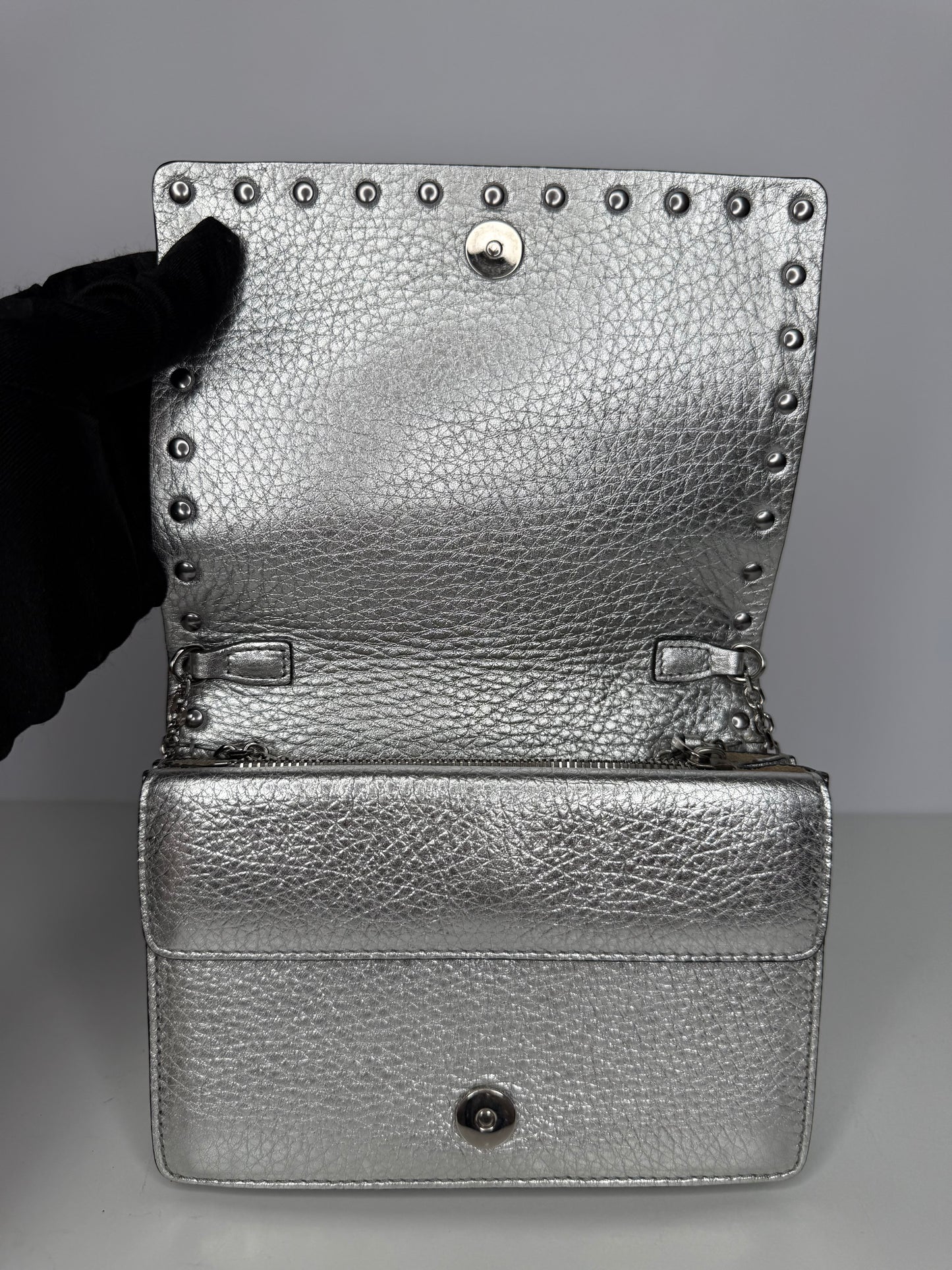Valentino Garavani Rockstud Metallic Crackled Leather Clutch Bag