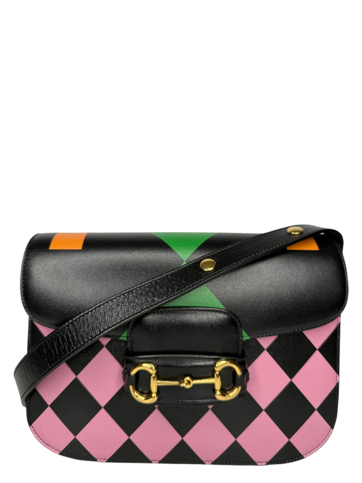 Gucci Horsebit 1955 Multicolor Geometric Pattern on Black Leather Shoulder Bag