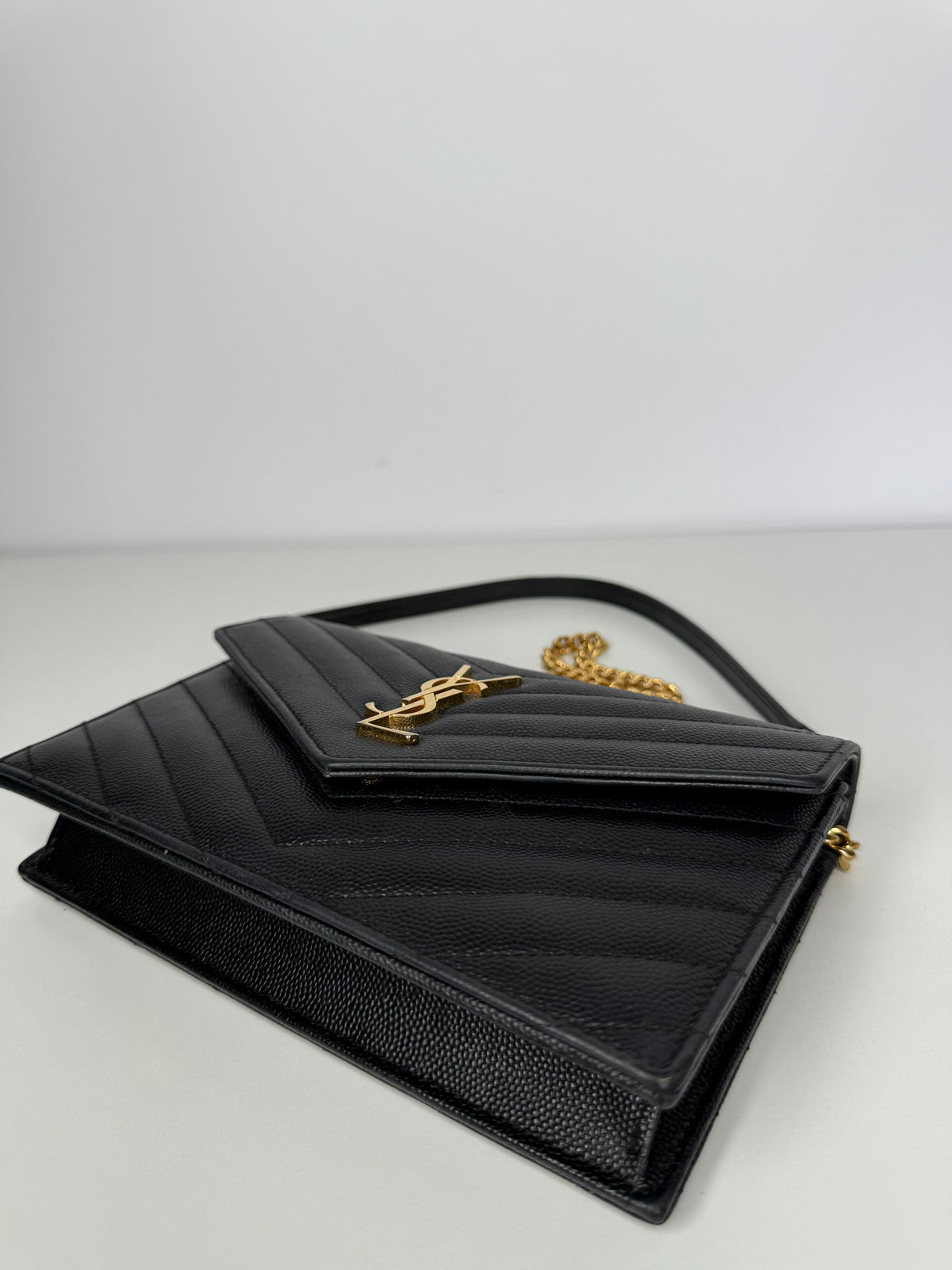 Saint Laurent Cassandre Envelope Black Grain De Poudre Leather Wallet on Chain