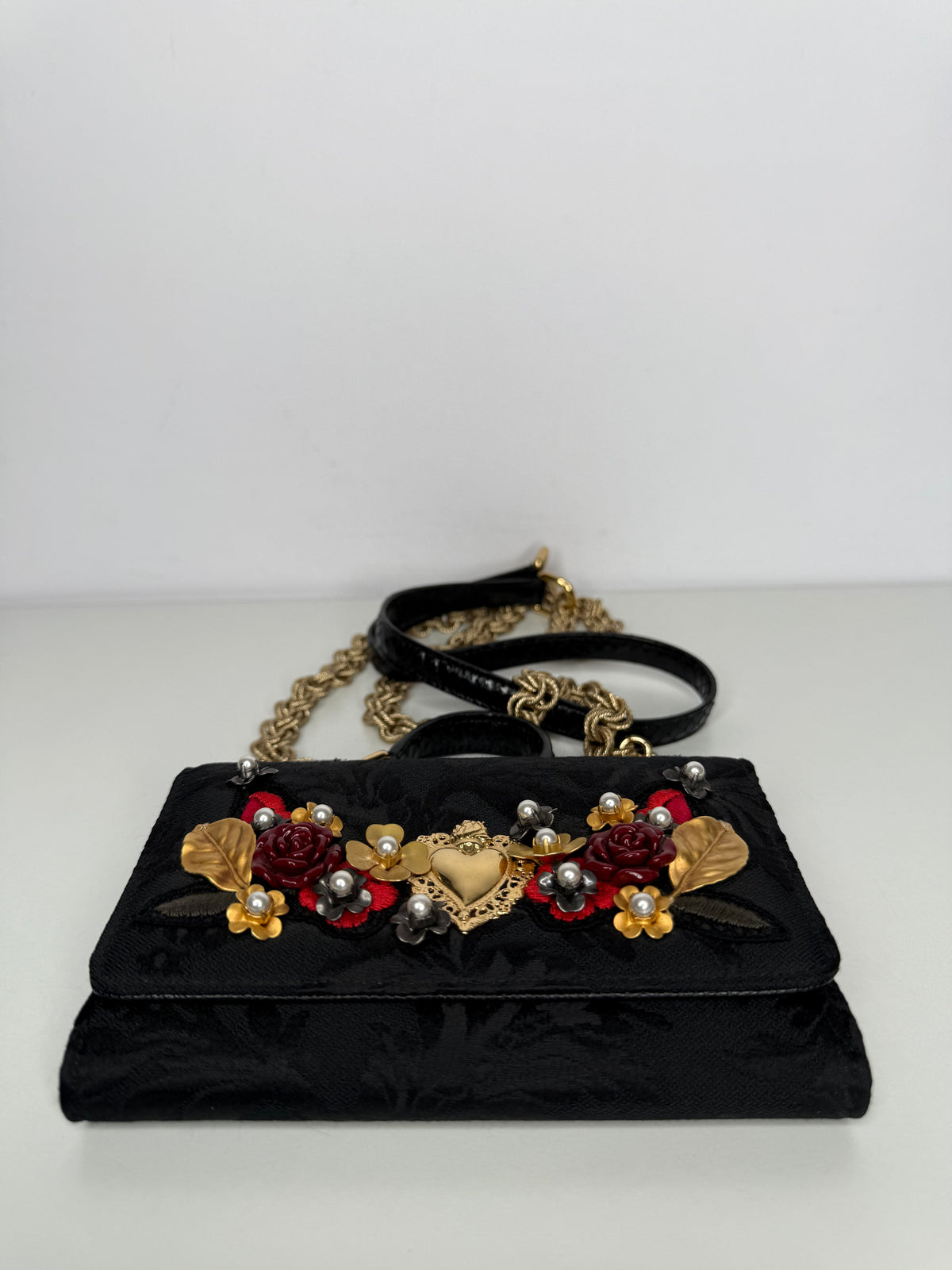 Dolce Gabbana Rare Sicily Von Bag Black with Roses and Sacred Heart