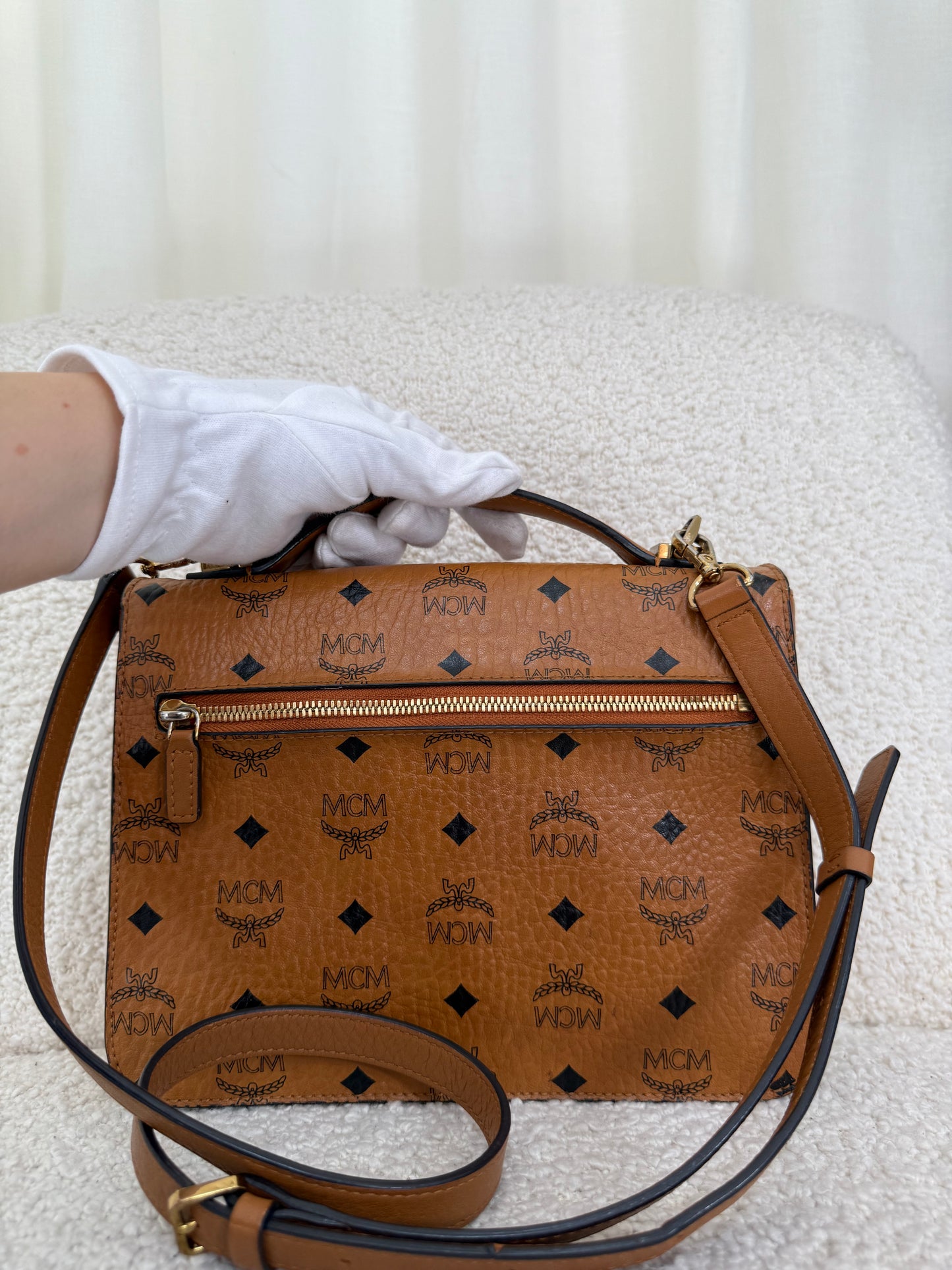 MCM Patricia Satchel Visetos Crossbody Bag Brown