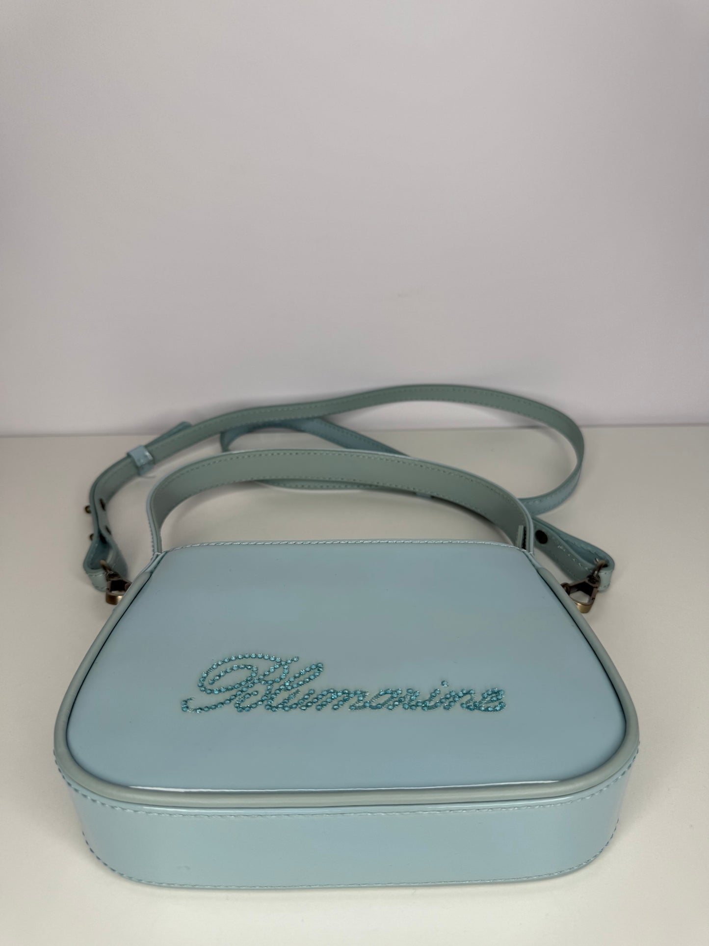 Blumarine Light Blue Patent Leather Crystal‑Logo Shoulder Bag