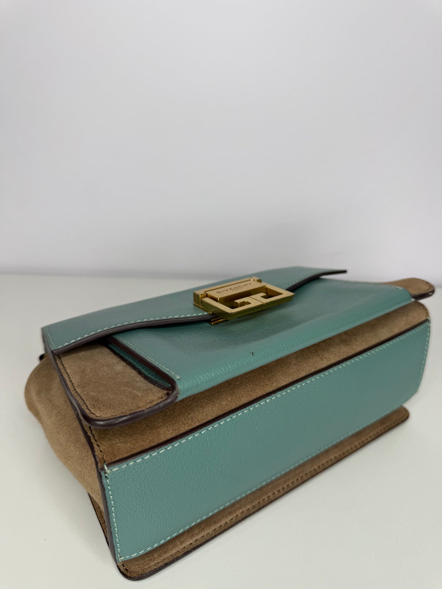 Givenchy GV3 in Light Blue Sugar Goatskin Tan Suede Trim Small Crossbody Bag