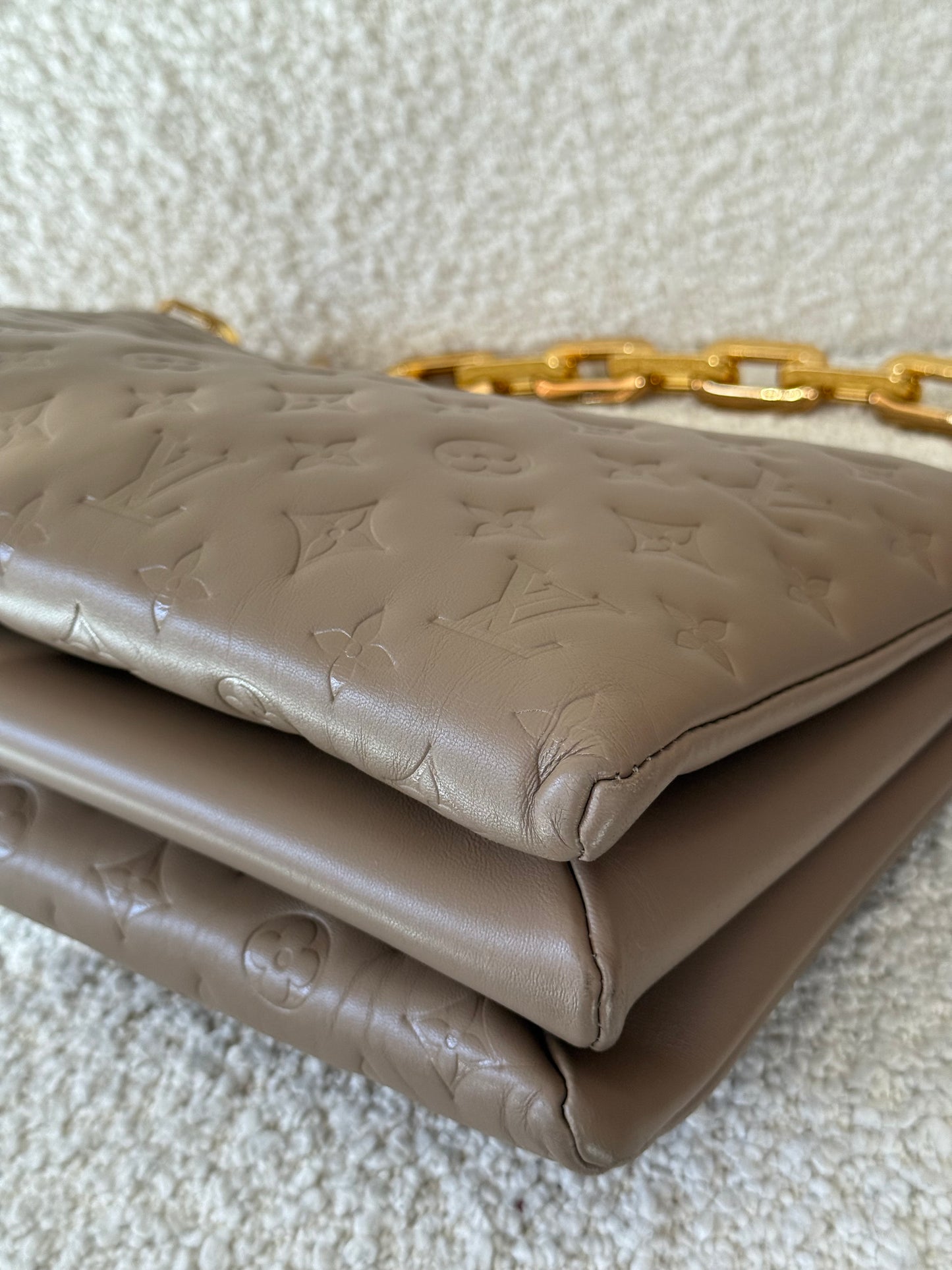 Louis Vuitton Coussin MM Taupe Monogram Embossed Puffy Lambskin
