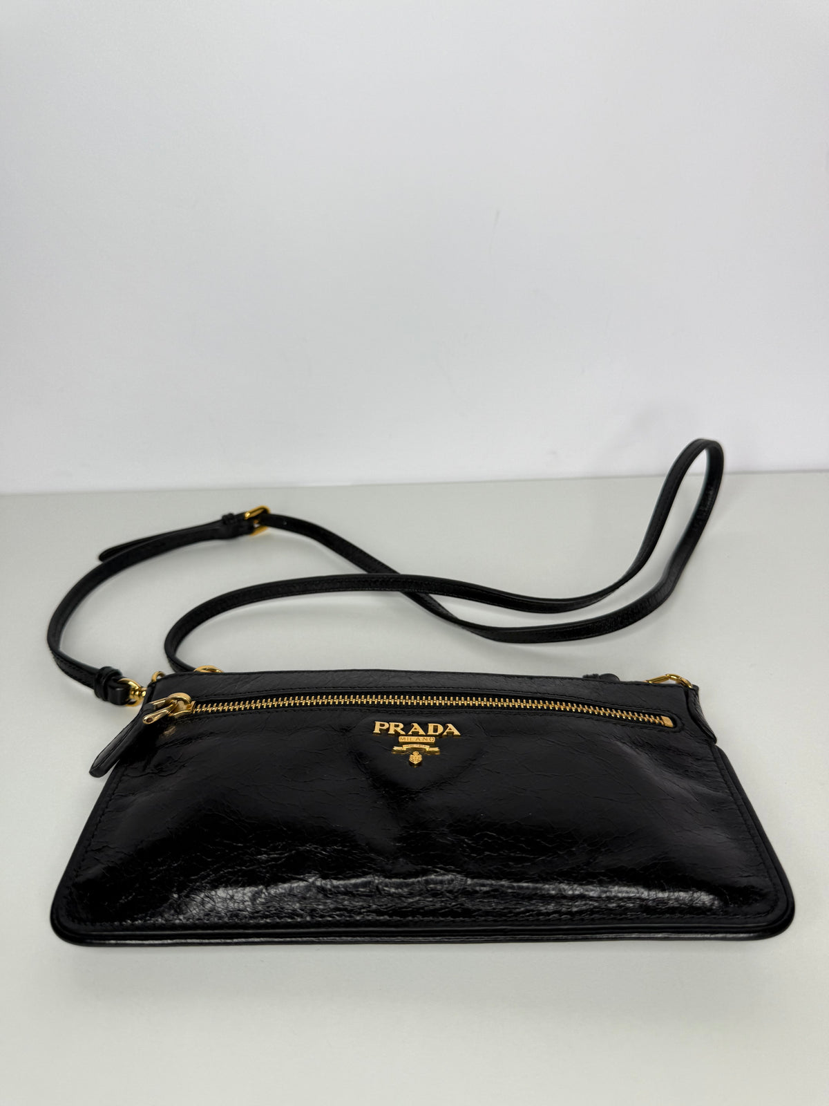 Prada Vitello Shine Zip Crossbody Bag Black