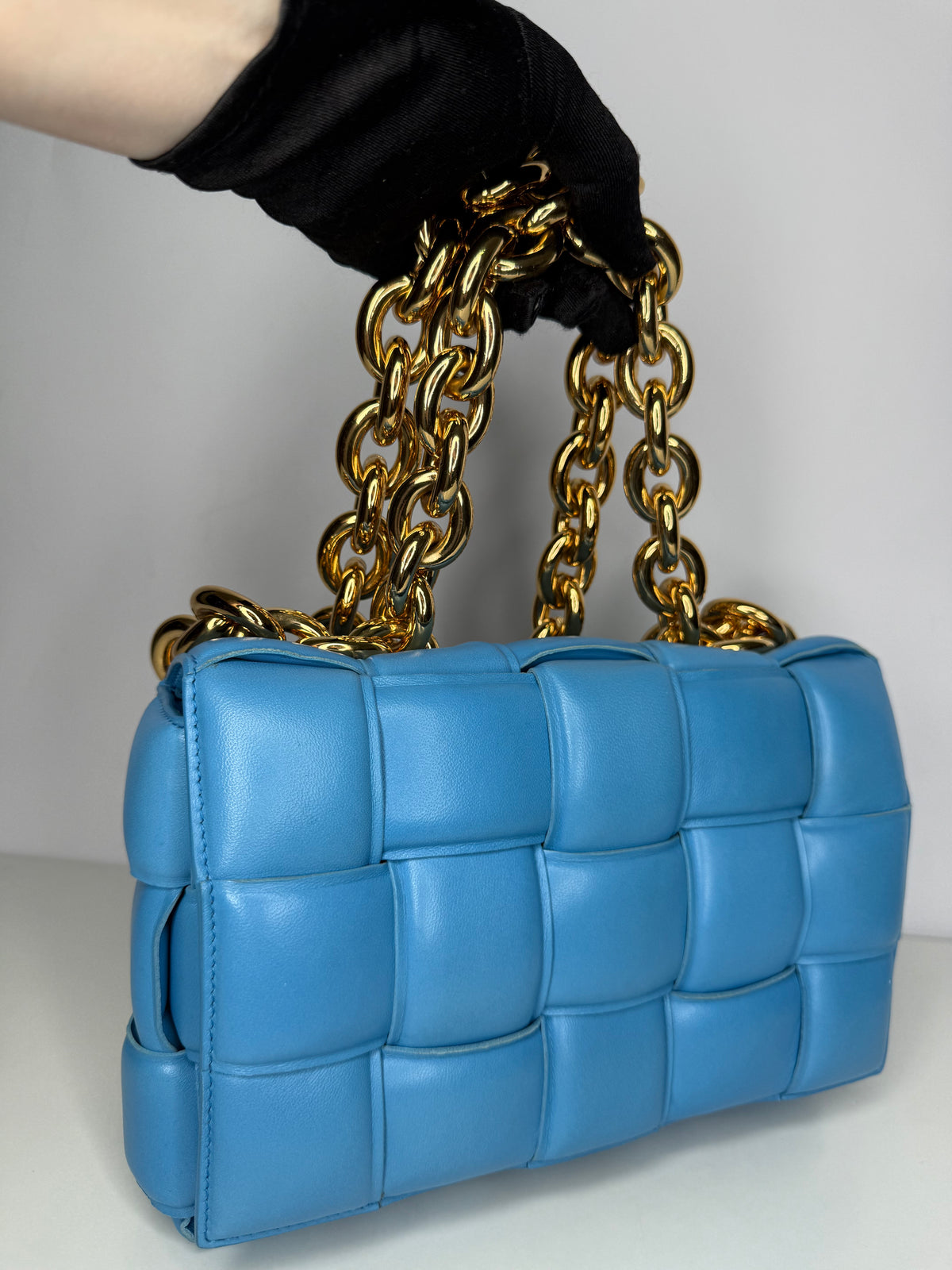Bottega Veneta Blue Lambskin Maxi Intreccio Padded Chain Cassette Crossbody Bag