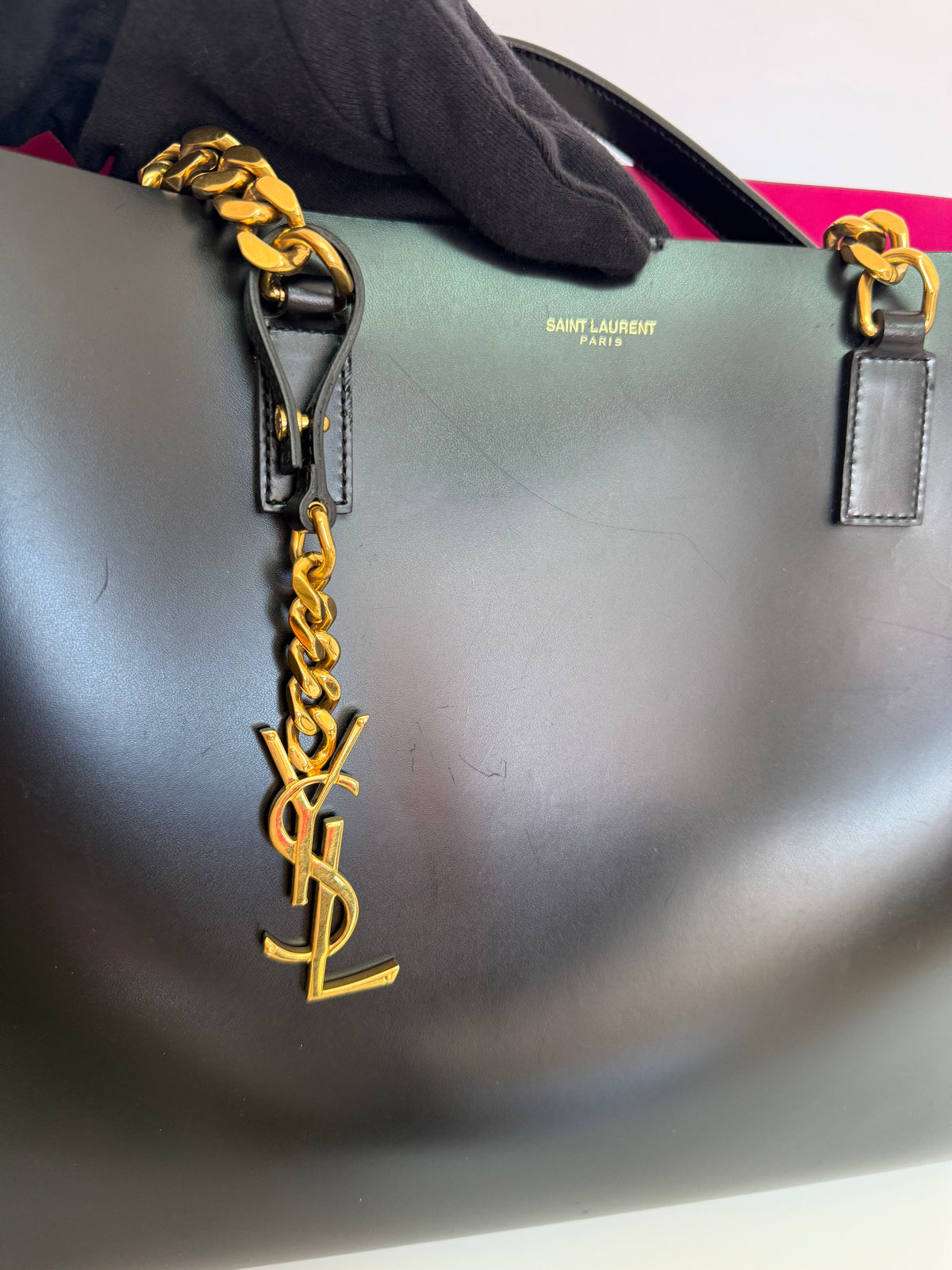 Saint Laurent Black Leather Monogram Double Chain Tote