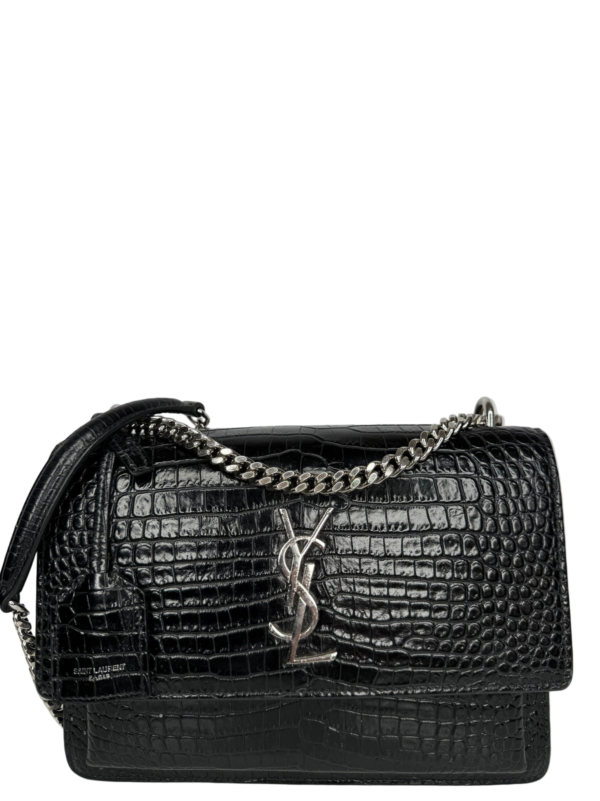 Saint Laurent Sunset Medium Black Calfskin Crocodile Embossed