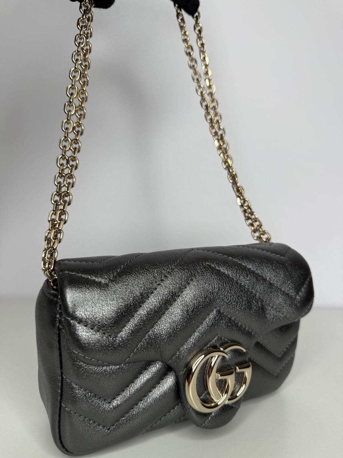 Gucci Calfskin Matelasse Super Mini GG Marmont Shoulder Bag Dark Gray
