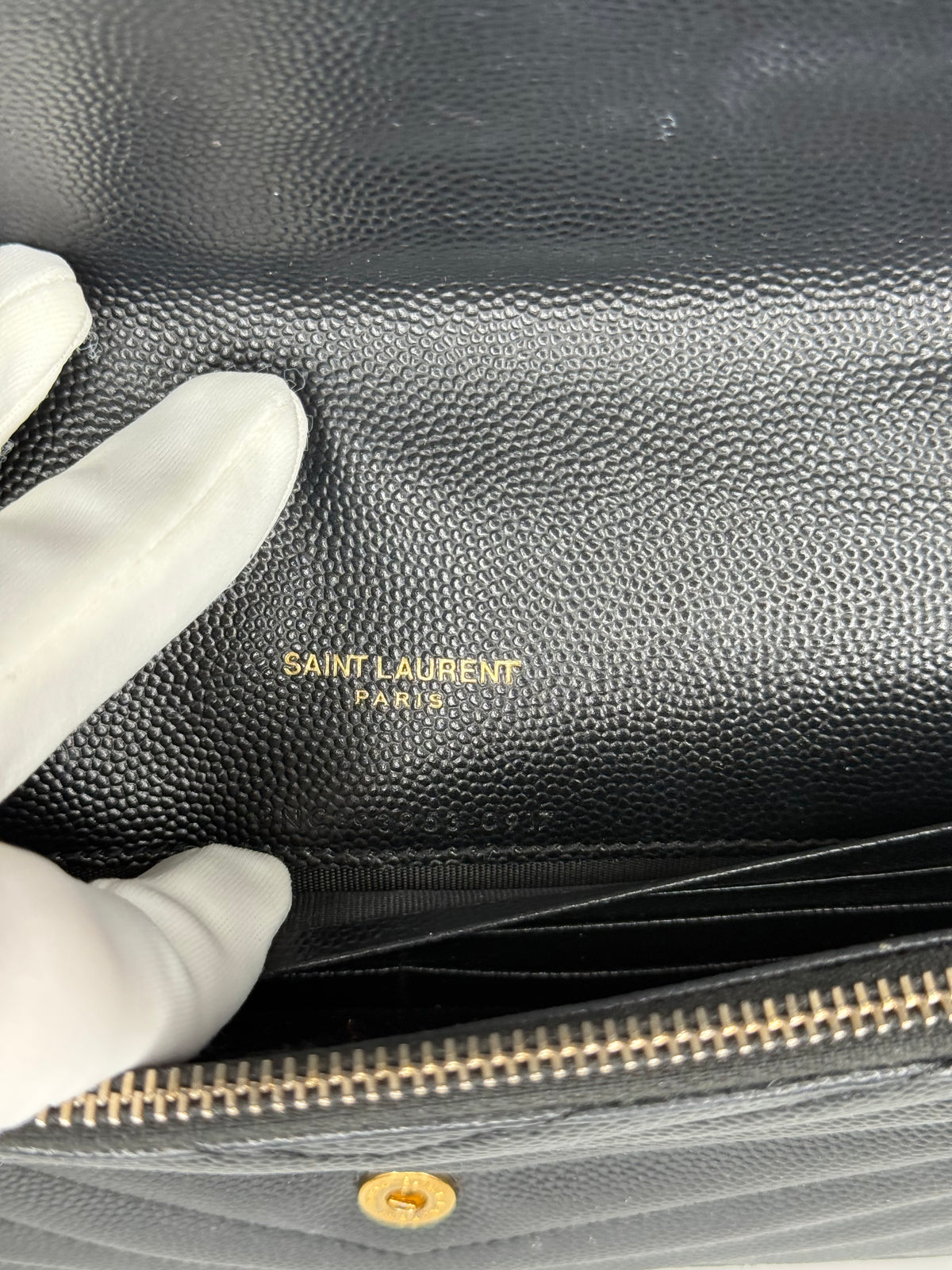 Saint Laurent Cassandre Envelope Black Grain De Poudre Leather Wallet on Chain