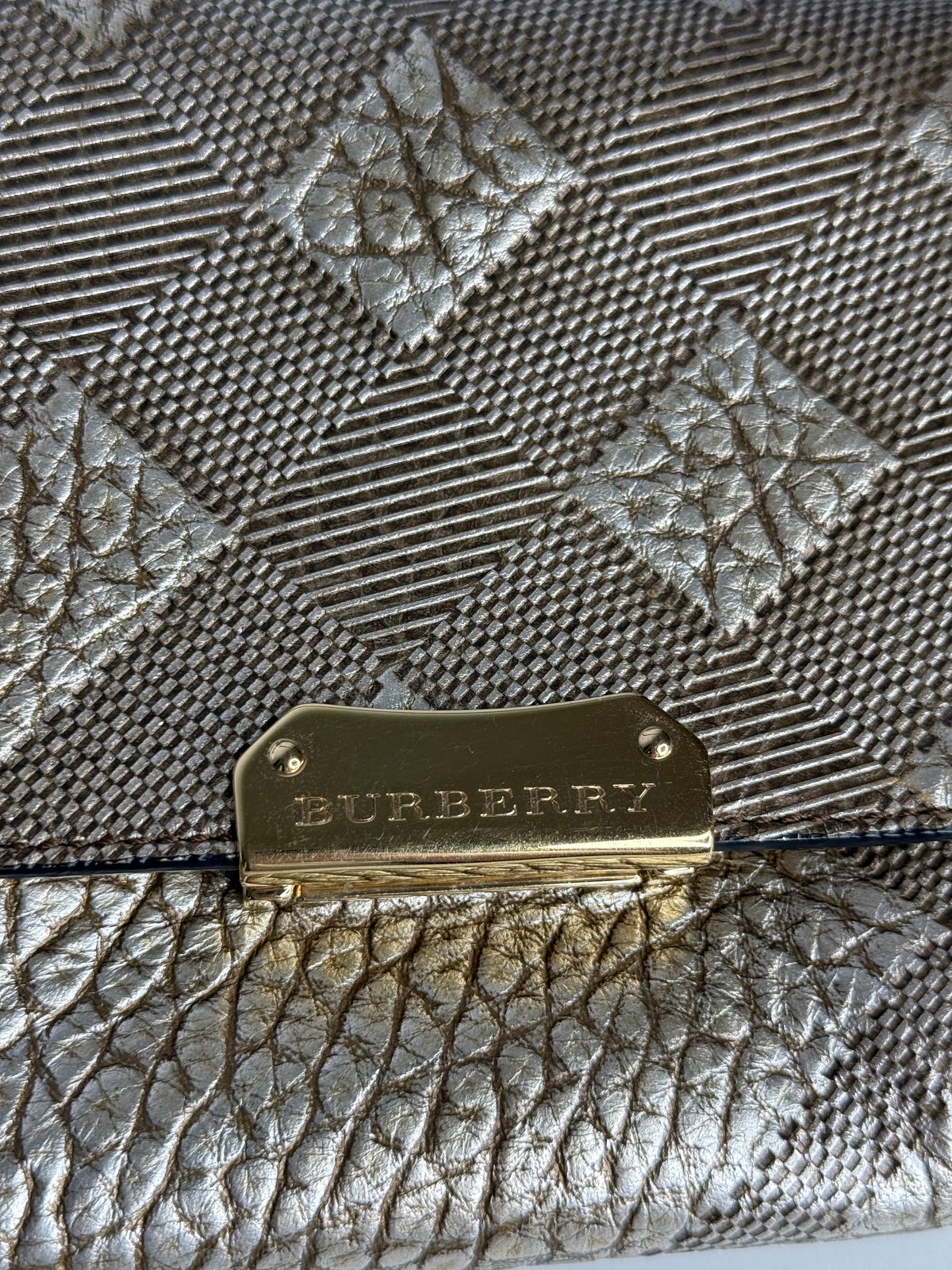 Burberry Gold Embossed Check Leather Flap Crossbody Bag
