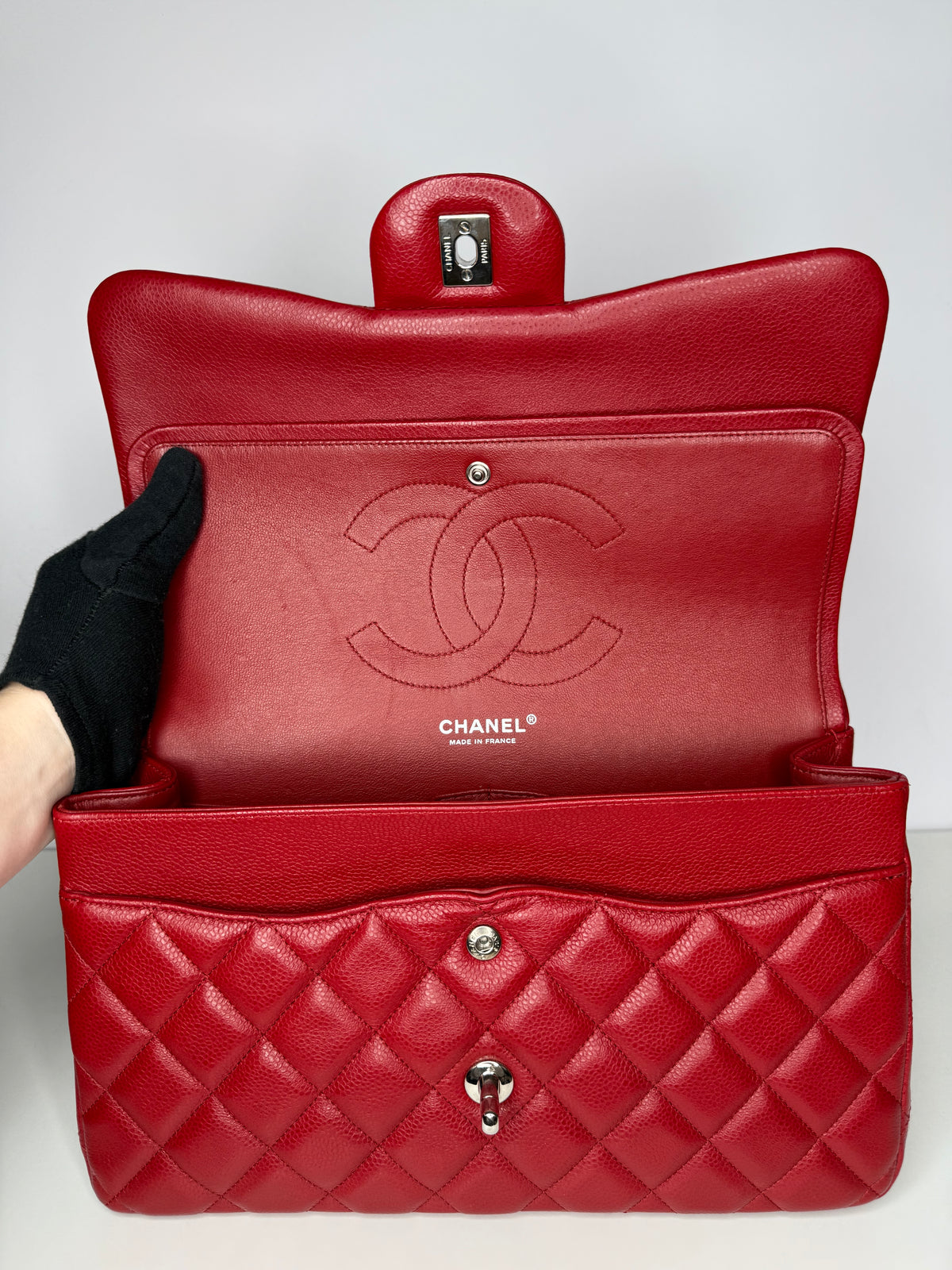 Chanel Jumbo Classic Double Flap Bag Red Caviar Silver Hardware