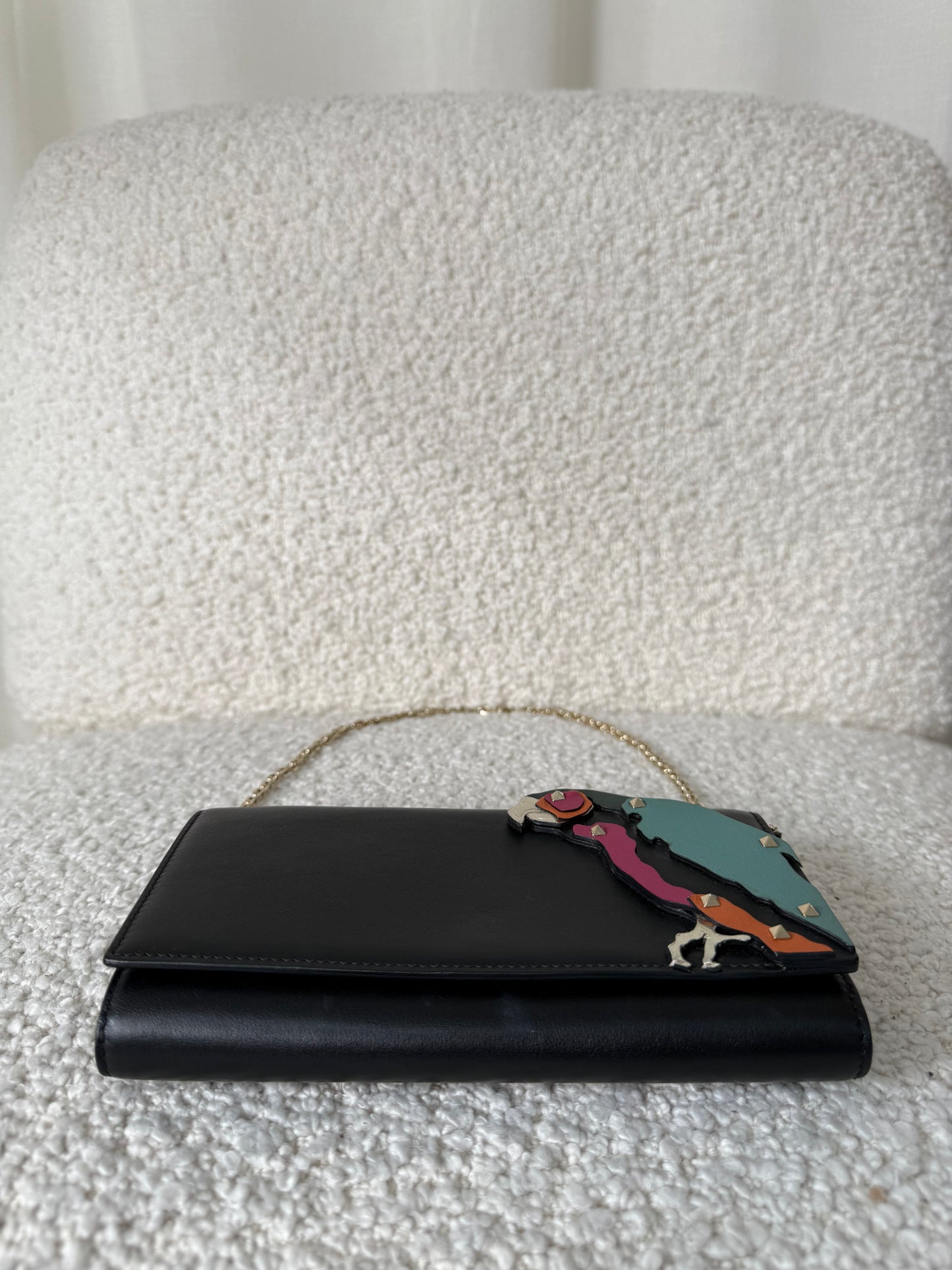 Valentino Garavani Parrot Motif and Black Leather Wallet on Chain