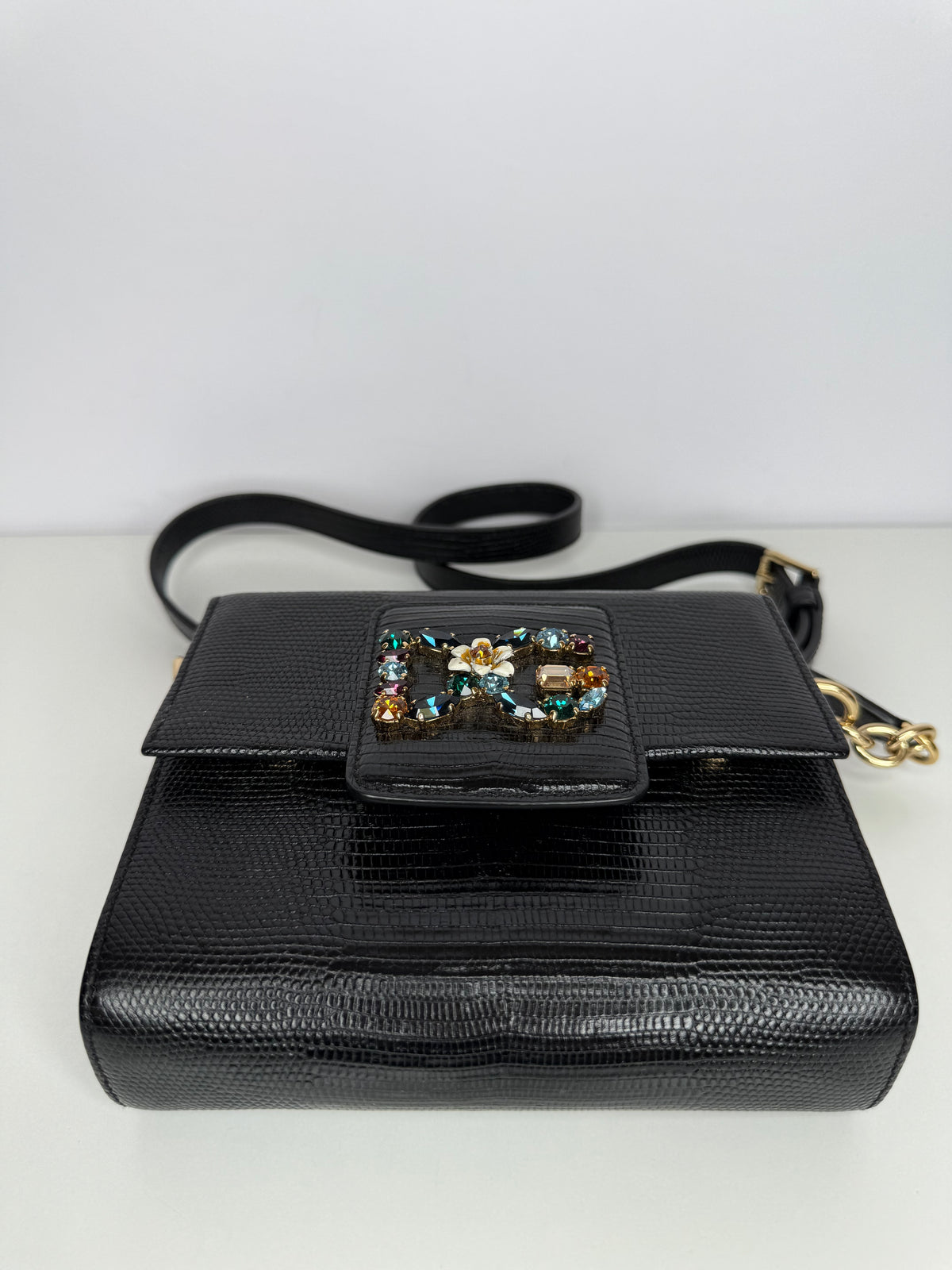 Dolce Gabbana Mini Millennials Black Iguana Leather DG Crystals Crossbody Bag
