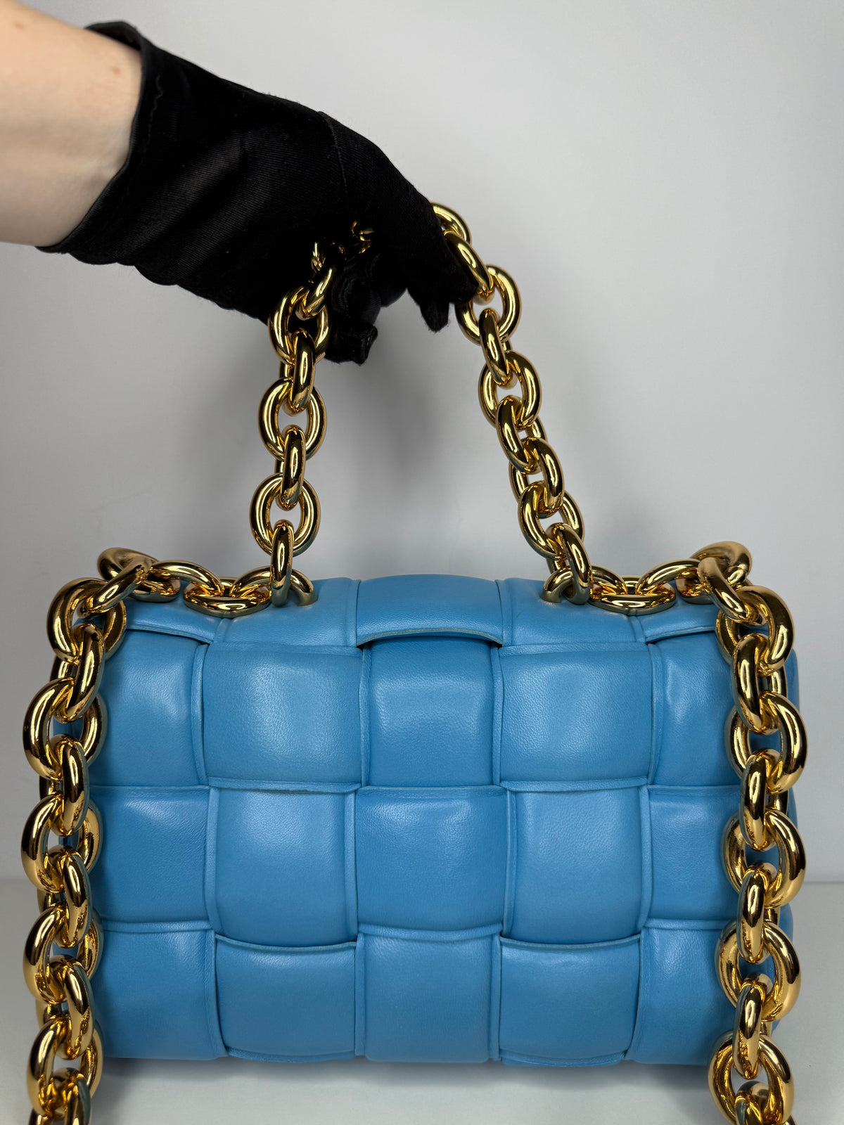 Bottega Veneta Blue Lambskin Maxi Intreccio Padded Chain Cassette Crossbody Bag