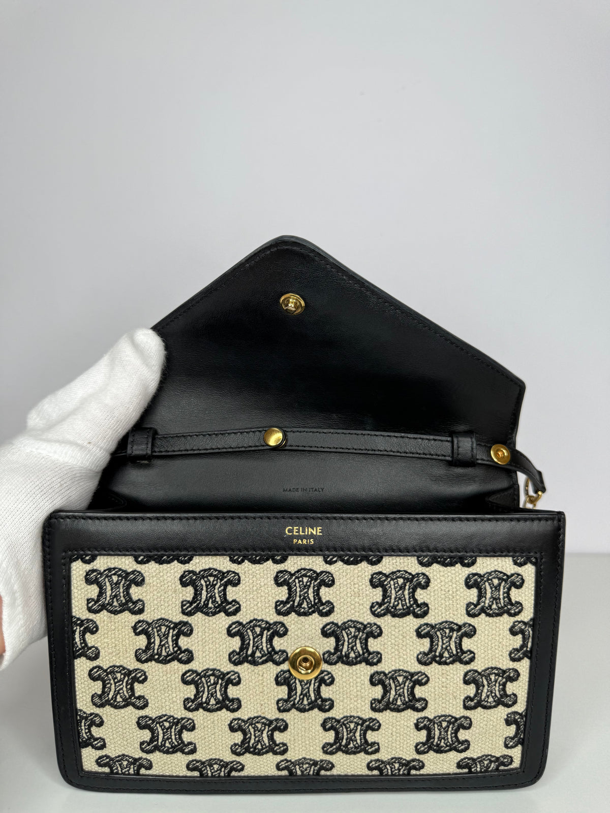 Celine Maillon Triomphe Canvas Wallet on Chain in Black and White