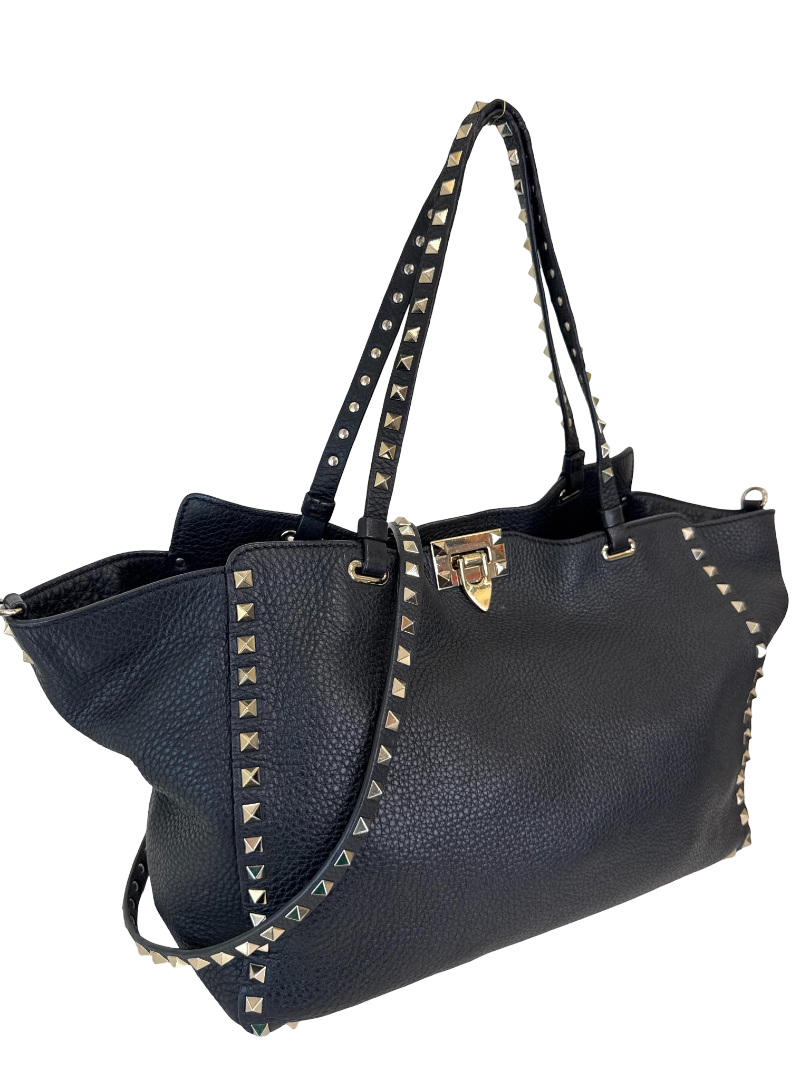 Valentino Garavani Pebbled Calfskin Medium Rockstud Tote Bag Black