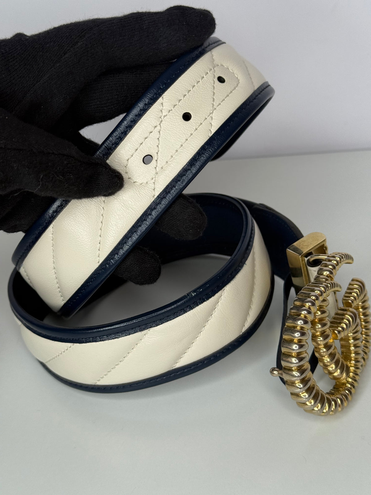 Gucci GG Marmont Torchon White/Blue Leather Belt