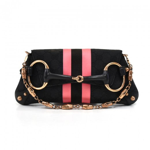 Gucci Vintage Tom Ford Era Black/Pink GG Canvas Horsebit Chain Clutch Rose Gold