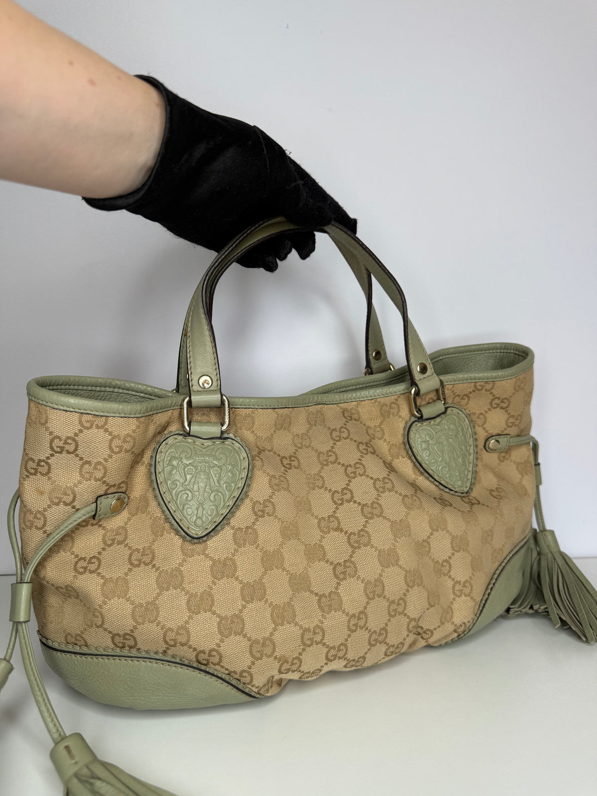 Gucci Beige GG Canvas and Green Leather Tribeca Small Tote Bag
