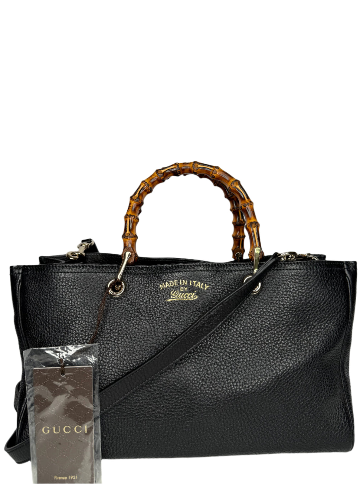 Gucci Black Pebbled Leather Bamboo Top Handle Medium Tote Bag