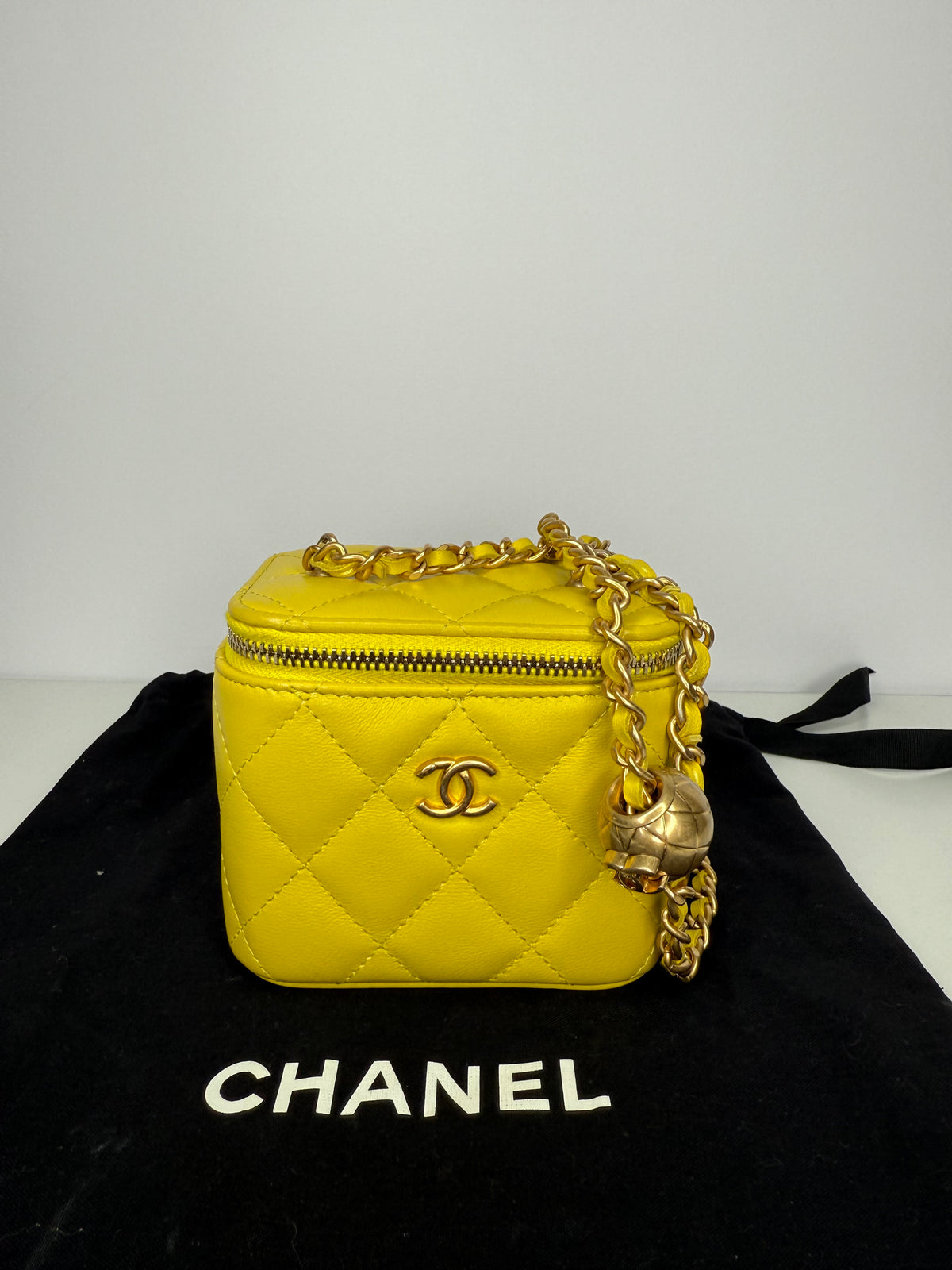 Chanel Yellow Lambskin Quilted Pearl Crush Mini Vanity Case