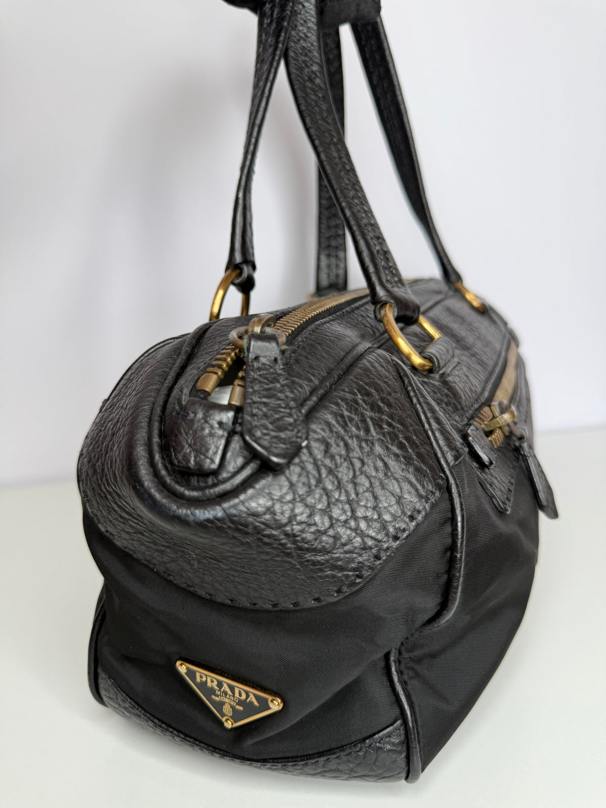 Prada Black Tessuto Nylon Bowler Bag with Vitello Leather Trim