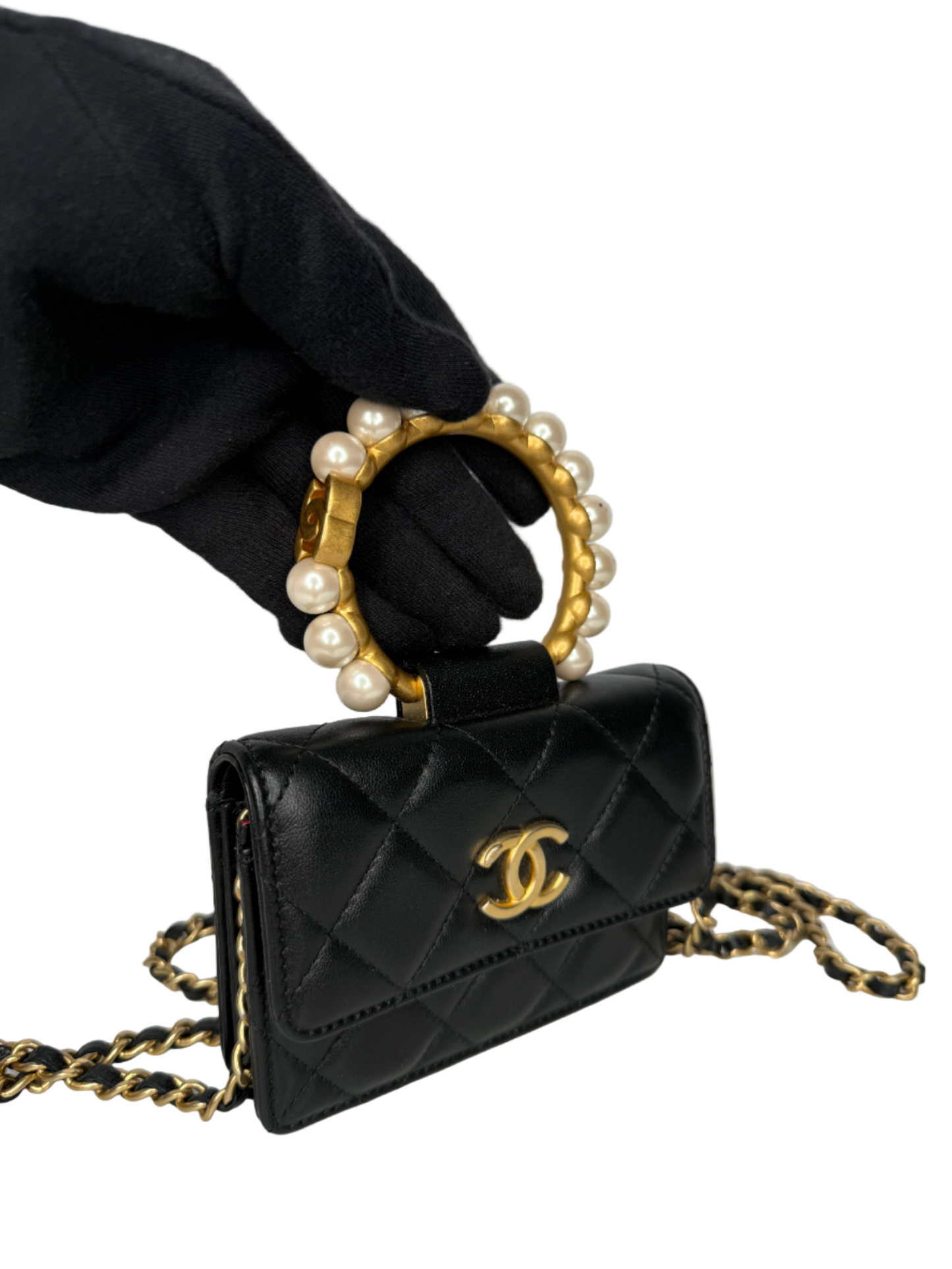 Chanel Black Quilted Lambskin Pearl Crown Clutch with Chain