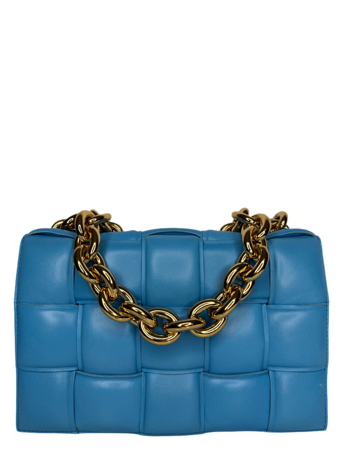 Bottega Veneta Blue Lambskin Maxi Intreccio Padded Chain Cassette Crossbody Bag