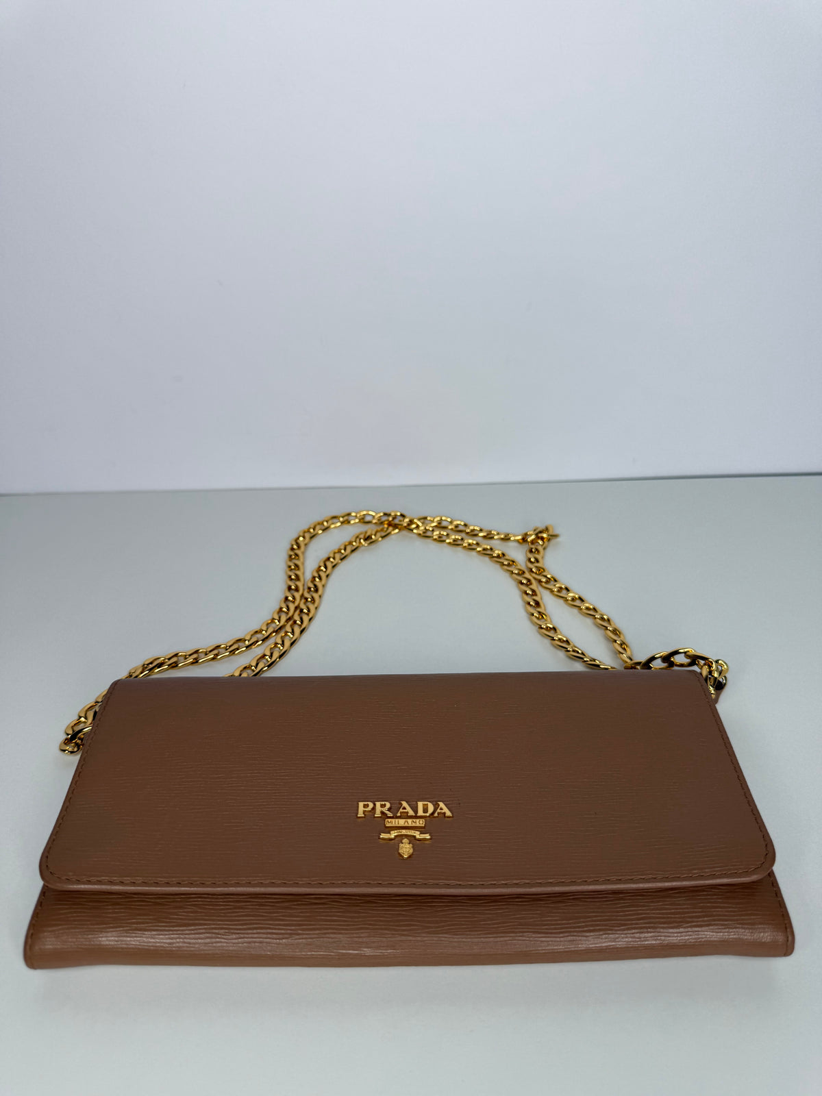 Prada Tan Vitello Move Leather Wallet on Chain