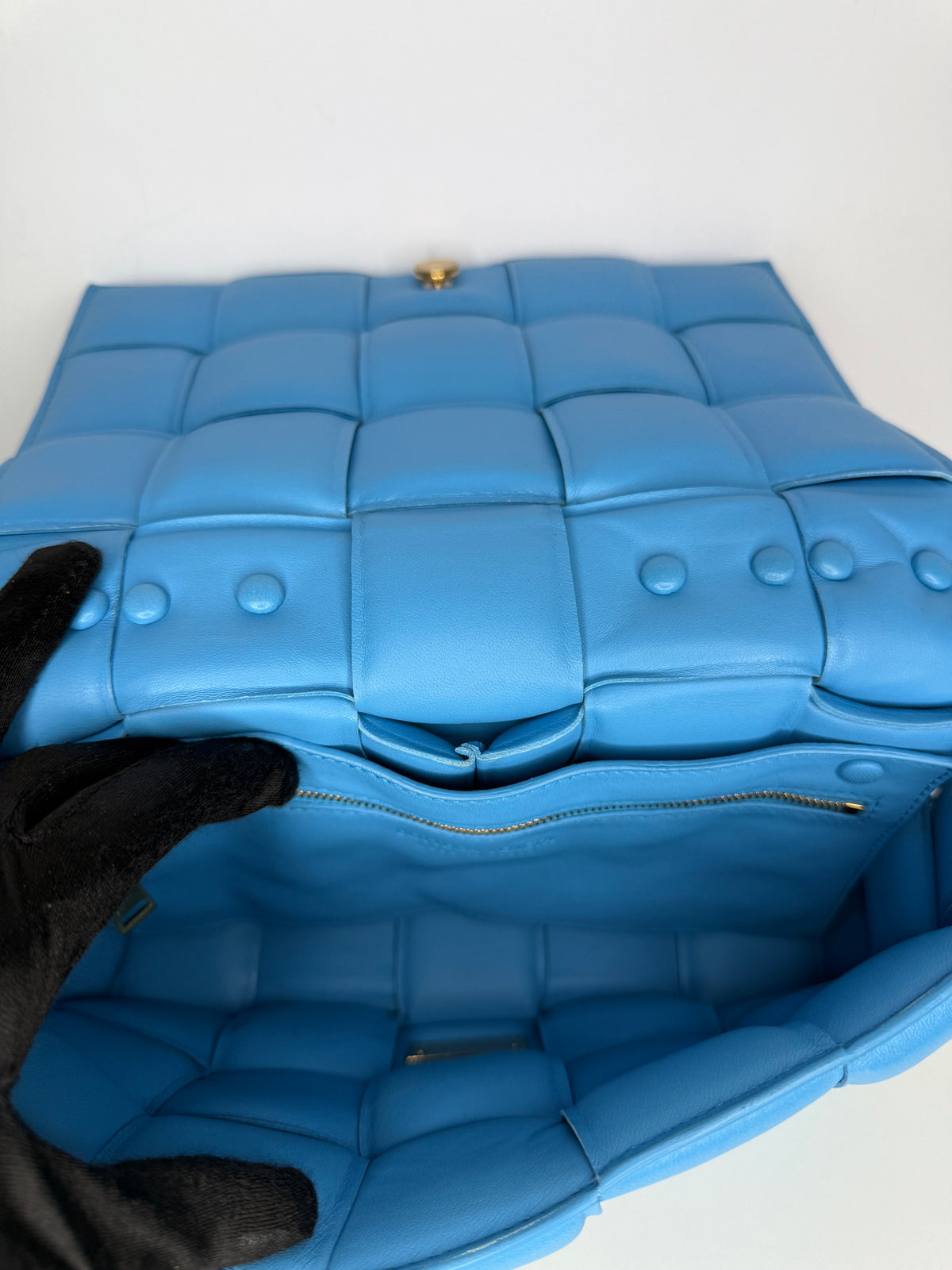 Bottega Veneta Blue Lambskin Maxi Intreccio Padded Chain Cassette Crossbody Bag