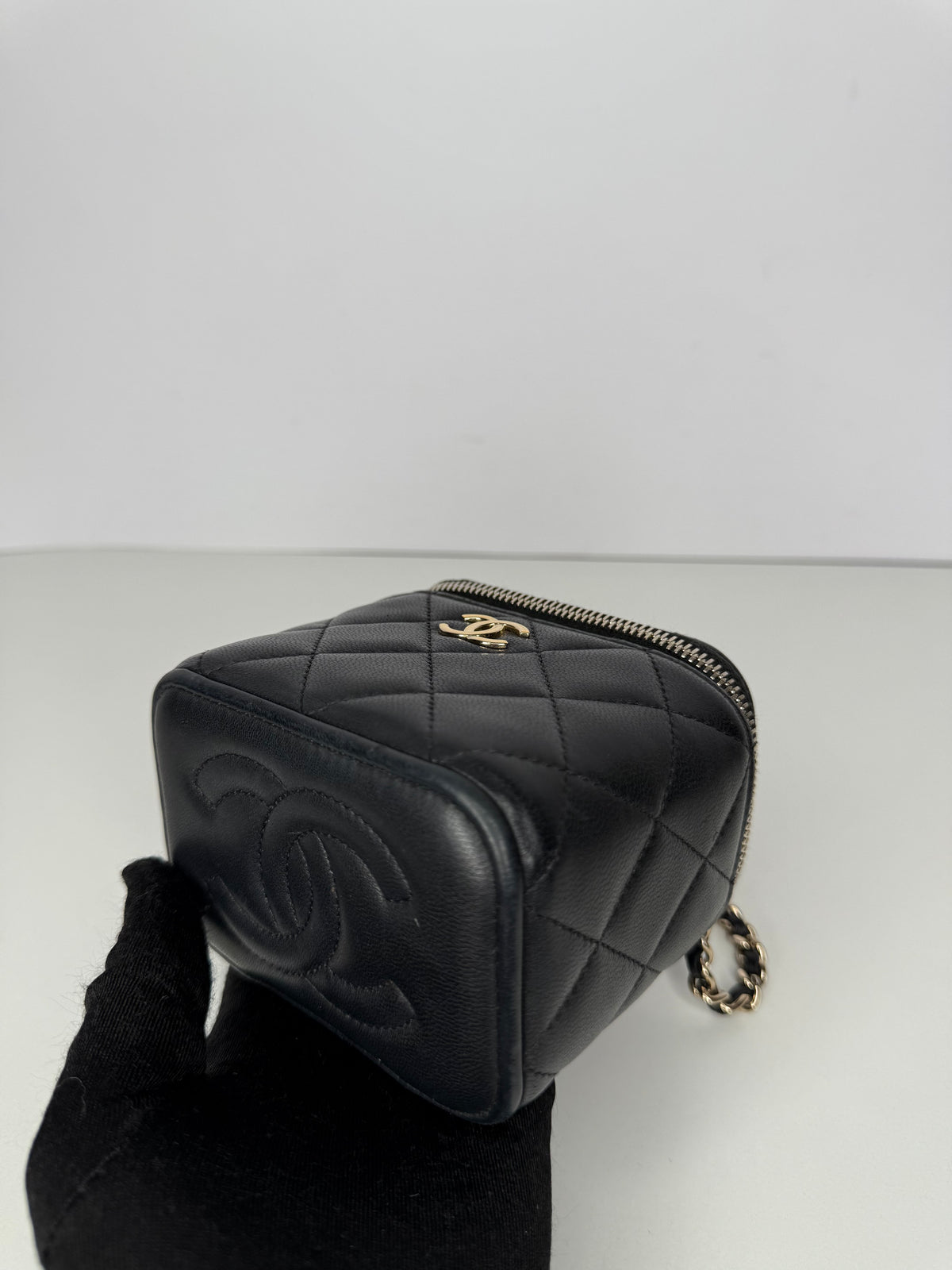 Chanel Mini Top Handle Vanity With Chain Black Lambskin Gold Hardware