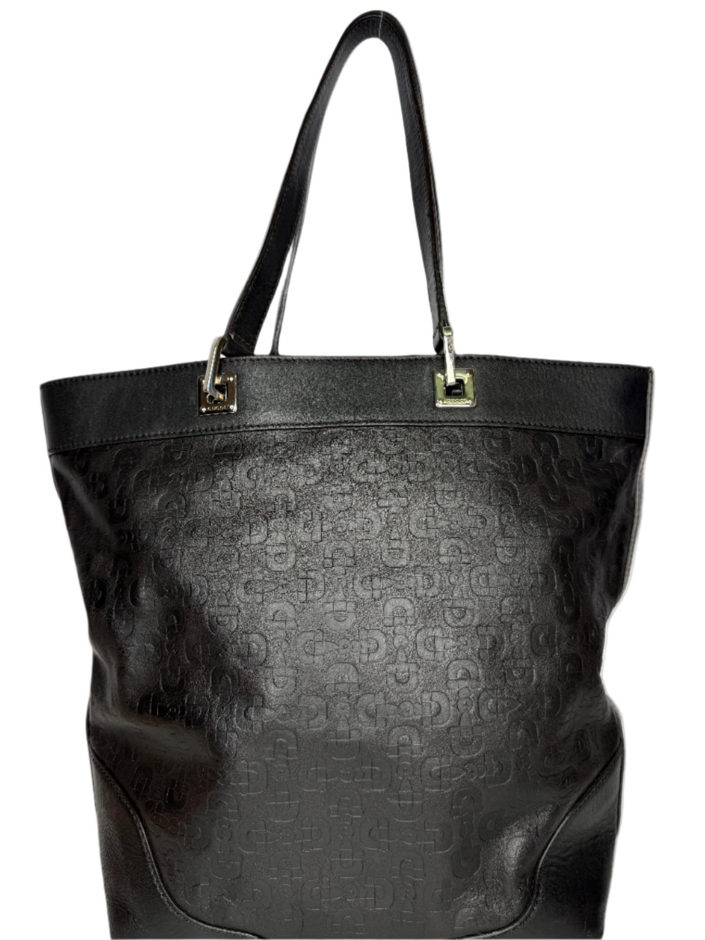 Gucci Black Embossed Leather Horsebit Tote Bag