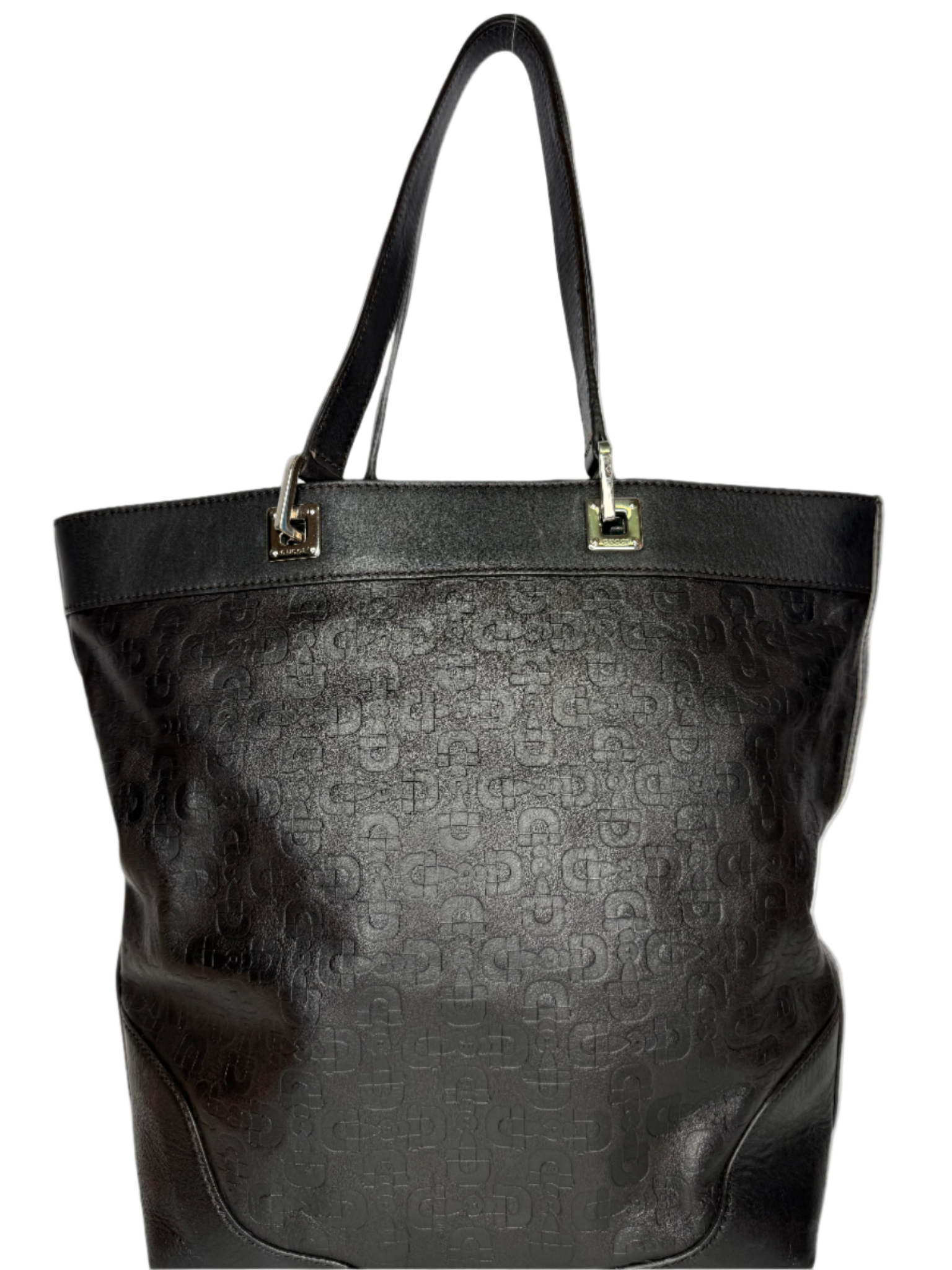 Gucci Black Embossed Leather Horsebit Tote Bag