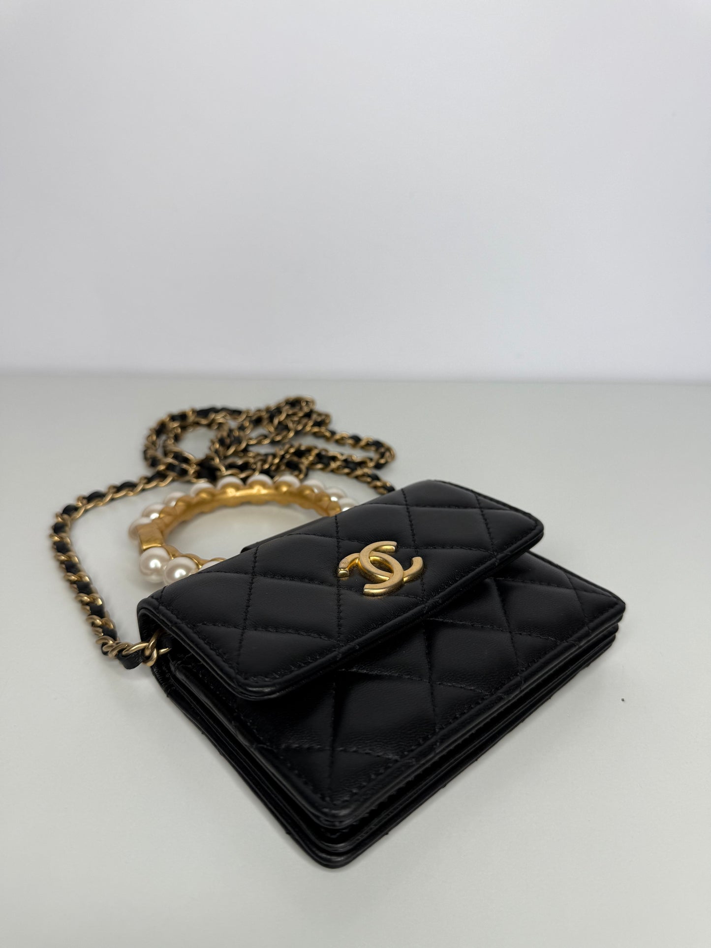 Chanel Black Quilted Lambskin Pearl Crown Clutch with Chain
