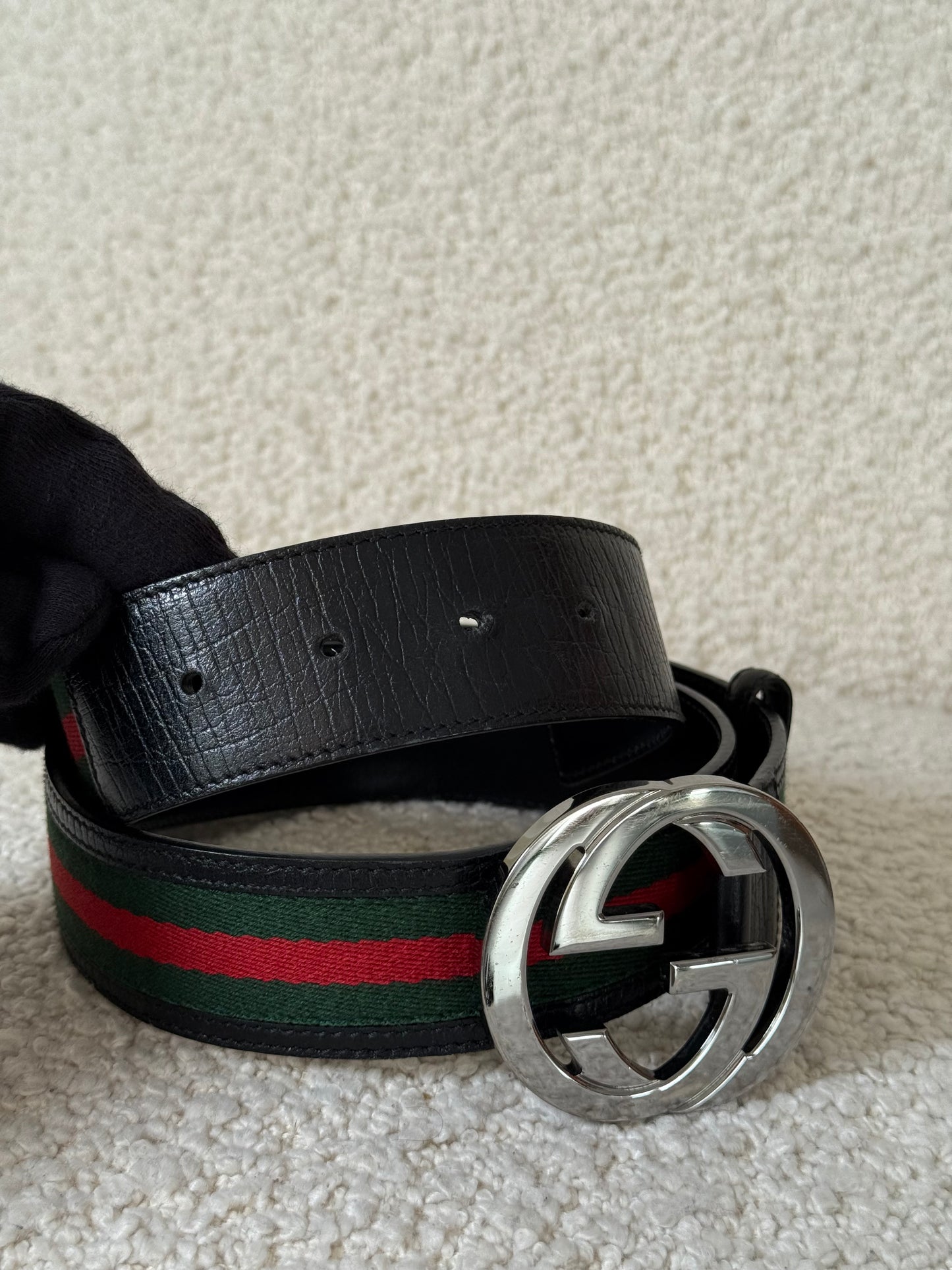 Gucci Green/Red Web Fabric and Leather Interlocking GG Buckle Belt