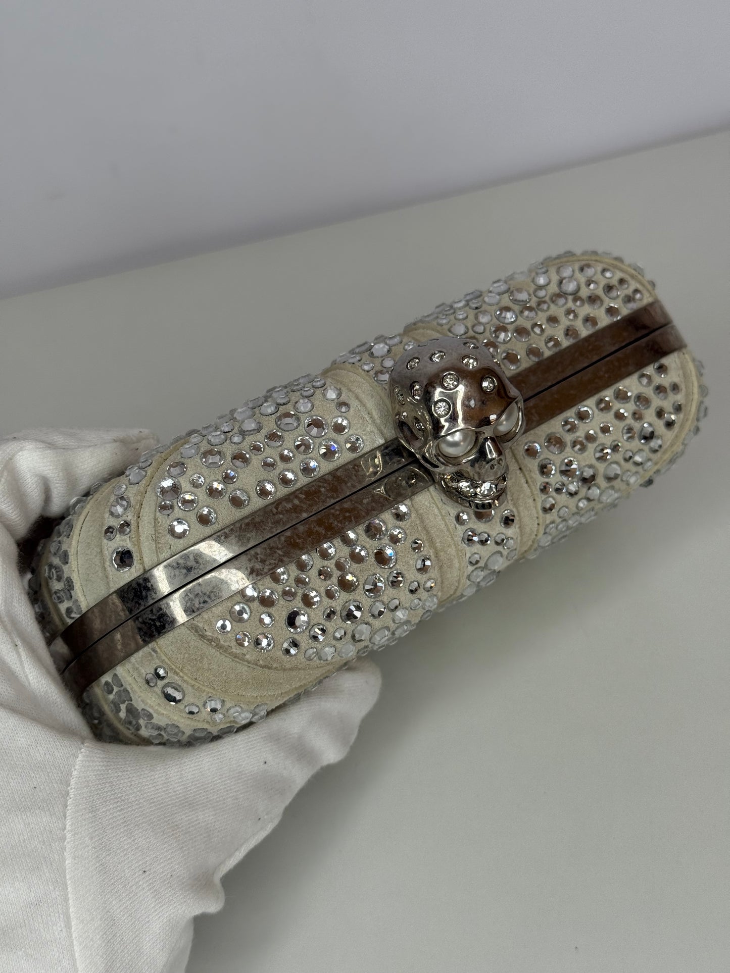 Alexander McQueen Off White Suede Studded Britannia Skull Box Clutch