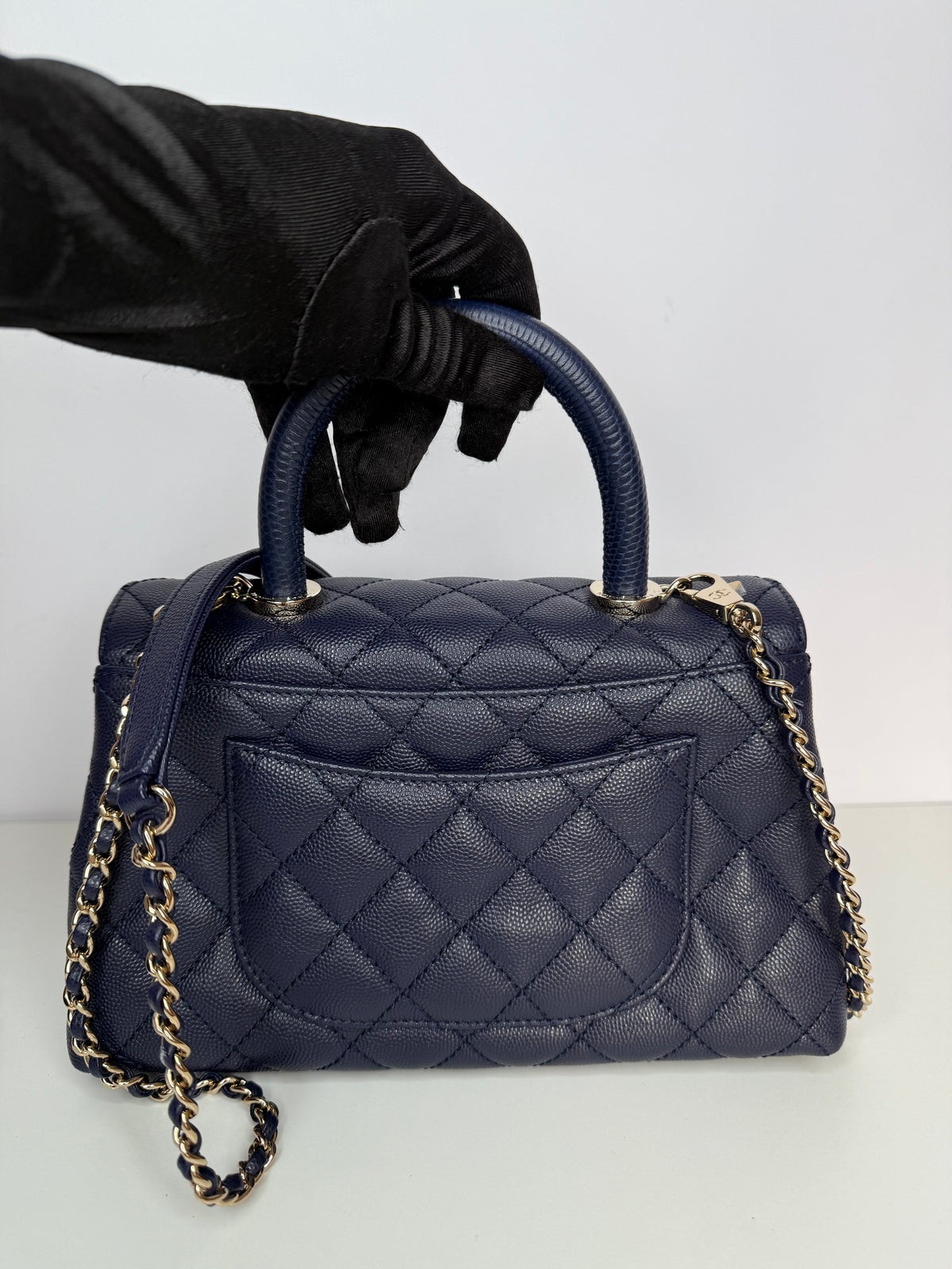 Chanel Coco Handle Small Blue Caviar with Lizard Top Handle